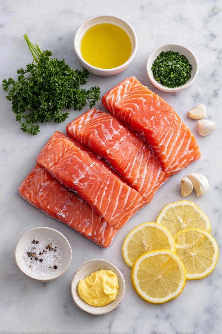 Baked Lemon Garlic Salmon, Lemon Garlic Salmon, Easy Salmon Dinner, Healthy Salmon Recipes, Quick Salmon Main Course - Flat lay of fresh pink salmon fillets with skin on, a small pile of finely chopped bright green parsley, three whole garlic cloves with smooth white skins, a small white ceramic bowl filled with clear golden olive oil, a small white ceramic bowl with pale yellow fresh lemon juice, a small white ceramic bowl containing smooth pale yellow Dijon mustard, a small white ceramic bowl of fine white sea salt, a small white ceramic bowl with freshly cracked black pepper, and four thin lemon rings with bright yellow rinds arranged neatly, all placed on a clean white marble surface, soft natural light, photo taken with an iPhone, professional food photography style, fresh ingredients, white ceramic bowls, no bottles, no duplicates, no utensils, no packaging --ar 2:3 --v 7 --p m7354615311229779997