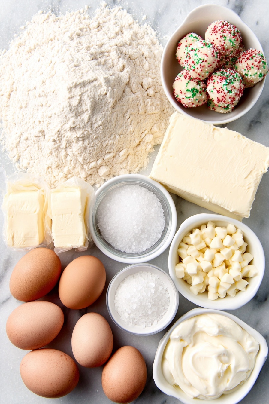 Sugar Cookie Cheesecake, sugar cookie cheesecake dessert, easy sugar cookie cheesecake, creamy cheesecake with cookie crust, gooey sugar cookie cheesecake game - Flat lay of a small mound of all-purpose flour, a small heap of fine white granulated sugar, a smooth stick of unsalted butter, a few Christmas jimmie sprinkles in vibrant red, green, and white colors, a handful of tiny round cookie dough balls speckled with sprinkles, whole large brown eggs with clean shells, a block of creamy white cream cheese, a small white ceramic bowl of sour cream, a smaller white ceramic bowl of heavy cream, a small white ceramic bowl of pure vanilla extract, a small white ceramic bowl of white chocolate chips, a small white ceramic bowl of milk, a small white ceramic bowl of baking soda, a tiny pile of salt crystals placed next to each other, all arranged neatly and symmetrically on a clean white marble surface, soft natural light, photo taken with an iPhone, professional food photography style, fresh ingredients, white ceramic bowls, no bottles, no duplicates, no utensils, no packaging --ar 2:3 --v 7 --p m7354615311229779997