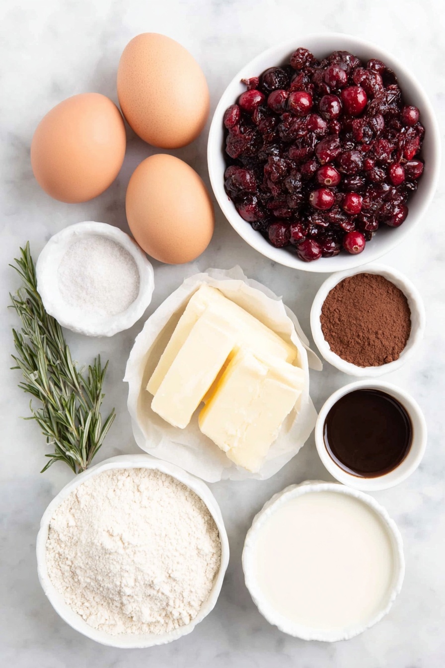 Festive Chocolate Yule Log Cake, chocolate yule log, holiday dessert, Christmas cake recipe, festive chocolate cake - Flat lay of four large brown eggs with clean shells, a small white ceramic bowl of granulated sugar, a small white bowl of all-purpose flour, a small white bowl of rich brown cocoa powder, a small white bowl of baking powder, a small white bowl of salt, a small white bowl of vanilla extract, a small white bowl of heavy cream, a small white bowl of powdered sugar, a small white bowl of softened unsalted butter, a small white bowl of milk or cream, fresh bright red cranberries scattered naturally, a few fresh green rosemary sprigs, and delicate edible mushrooms arranged neatly, placed on a clean white marble surface, soft natural light, photo taken with an iPhone, professional food photography style, fresh ingredients, white ceramic bowls, no bottles, no duplicates, no utensils, no packaging --ar 2:3 --v 7 --p m7354615311229779997