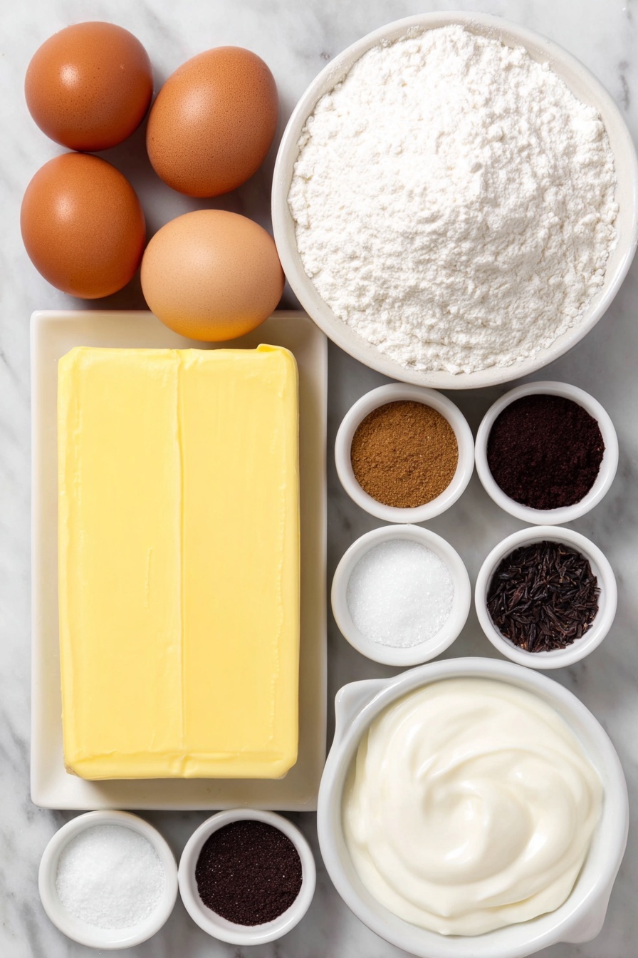 Gingerbread Sandwich Cookies with Vanilla Frosting, holiday gingerbread cookies, festive sandwich cookies, spicy gingerbread treats, vanilla frosting cookies - Flat lay of a stick of unsalted butter with a creamy yellow surface, two brown eggs with smooth clean shells, small mound of dark glossy molasses, a neat pile of all-purpose flour, small white ceramic bowls containing ground ginger, ground cinnamon, ground nutmeg, ground cloves, fine salt, granulated sugar, and powdered sugar, a few vanilla beans with a dark shiny exterior, and a small white bowl with heavy cream—all arranged symmetrically on a clean white marble surface, soft natural light, photo taken with an iPhone, professional food photography style, fresh ingredients, white ceramic bowls, no bottles, no duplicates, no utensils, no packaging --ar 2:3 --v 7 --p m7354615311229779997
