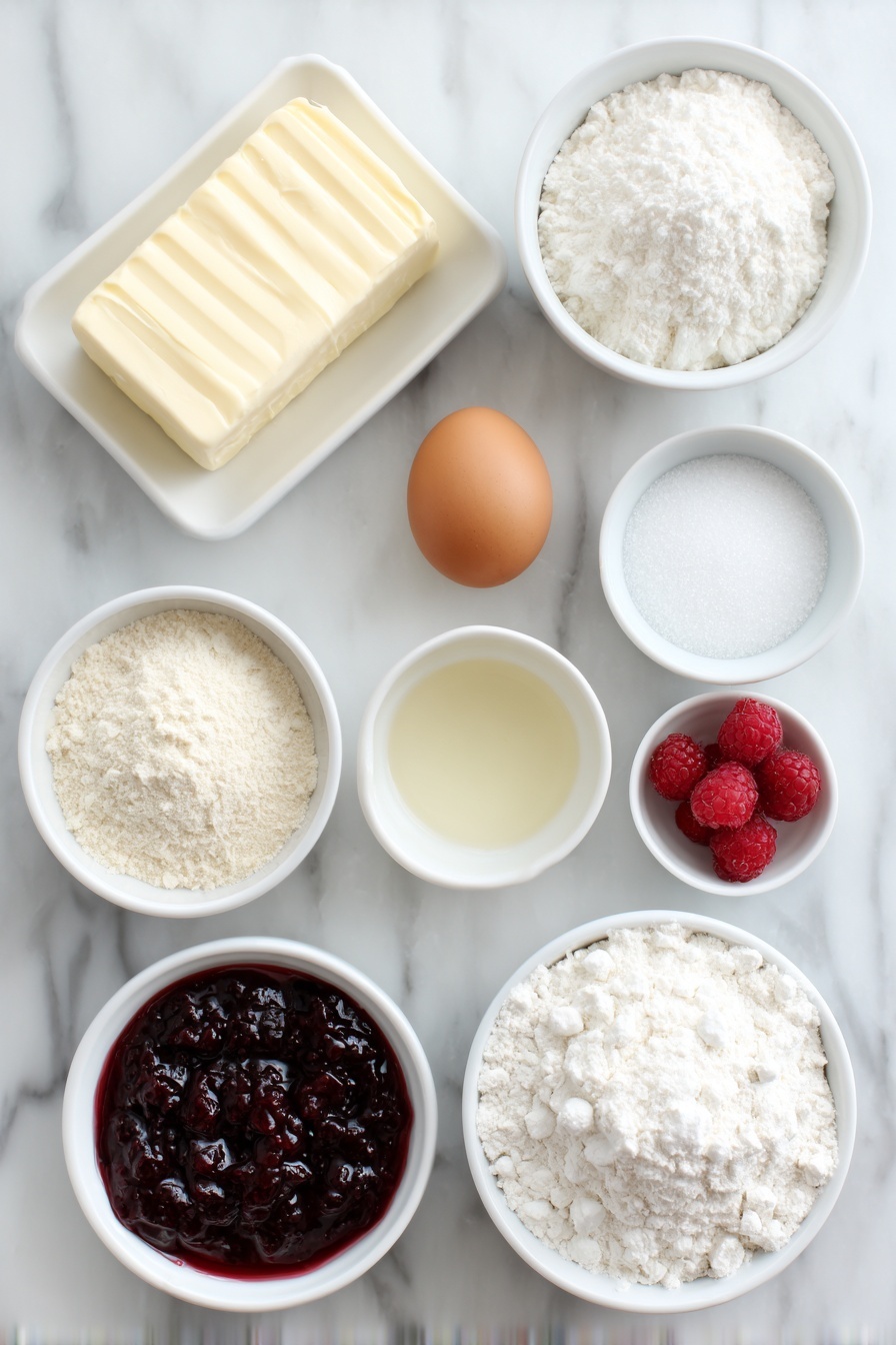 Raspberry Linzer Cookies, Linzer Cookies recipe, raspberry sandwich cookies, almond butter cookies, festive cookie recipes - Flat lay of a small block of unsalted butter, a small mound of granulated sugar, one whole uncracked brown egg, a small white bowl of pale almond extract, a small white bowl of clear vanilla extract, a small white bowl of all-purpose flour, a small white bowl of superfine almond meal, a small white bowl of cornstarch, a pinch of fine salt displayed as loose grains, a small white bowl filled with vibrant red raspberry jam, and a small white bowl dusted with fine powdered sugar, all arranged symmetrically on a clean white marble surface, soft natural light, photo taken with an iPhone, professional food photography style, fresh ingredients, white ceramic bowls, no bottles, no duplicates, no utensils, no packaging --ar 2:3 --v 7 --p m7354615311229779997