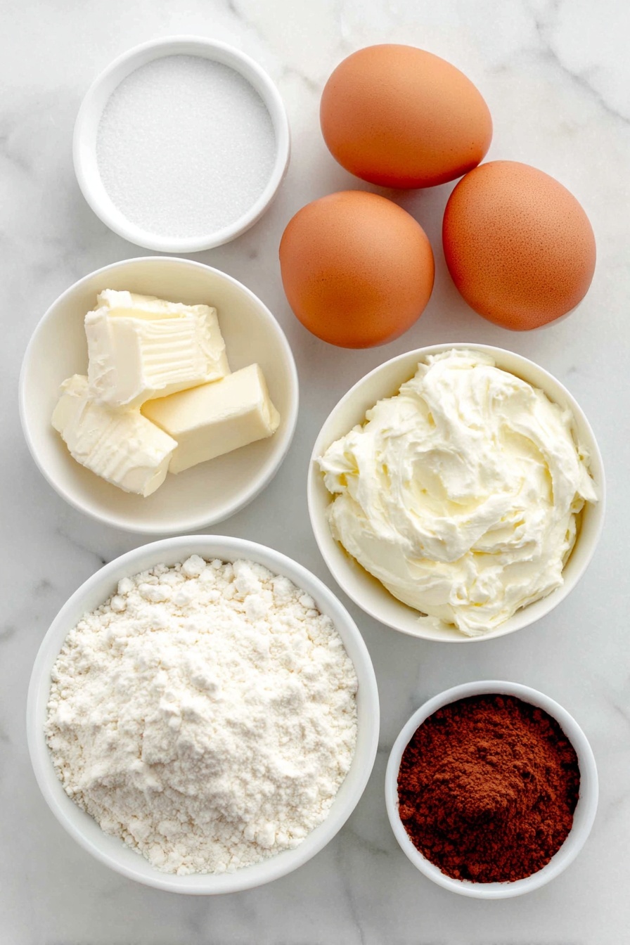 Red Velvet Macarons with Cream Cheese Filling, Red Velvet Macarons recipe, homemade red velvet macarons, cream cheese-filled macarons, festive red velvet desserts - Flat lay of four large whole uncracked brown eggs with clean shells, a small white ceramic bowl filled with fine white granulated sugar, a small white ceramic bowl holding superfine blanched almond flour, a small white ceramic bowl with sifted unsweetened cocoa powder, a small white ceramic bowl with bright red gel food coloring, a small white ceramic bowl of smooth cream cheese at room temperature, a small white ceramic bowl of powdered sugar, a small white ceramic bowl containing clear vanilla extract, and a small white ceramic bowl with fine salt, all arranged in perfect symmetry on a clean white marble surface, soft natural light, photo taken with an iPhone, professional food photography style, fresh ingredients, white ceramic bowls, no bottles, no duplicates, no utensils, no packaging --ar 2:3 --v 7 --p m7354615311229779997