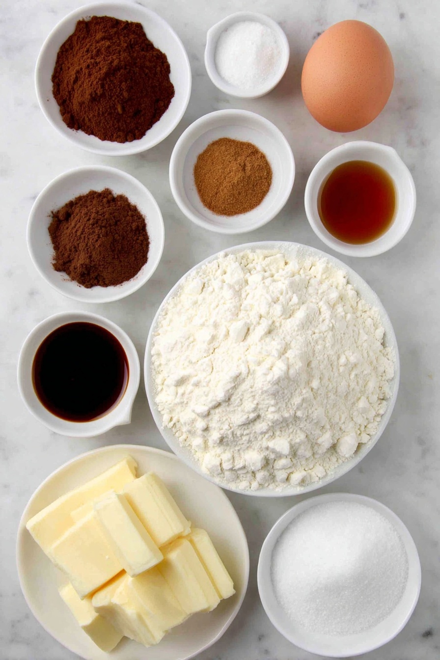 Gingerbread Men Cookies, Gingerbread Cookies Recipe, Festive Gingerbread Cookies, Homemade Gingerbread Men, Holiday Cookie Recipes - Flat lay of a small mound of all purpose flour on a simple white ceramic plate, a small white bowl with ground ginger powder, a small white bowl with ground cinnamon powder, a small white bowl with ground cloves powder, a small white bowl with ground nutmeg powder, a small white bowl with ground allspice powder, a small white bowl with baking soda powder, a small white bowl with salt crystals, a few slices of unsalted butter at room temperature arranged neatly on a white ceramic dish, a small white bowl filled with dark brown sugar, a small white bowl with vanilla extract, a small white bowl with rich amber unsulphured molasses, one large whole uncracked egg with a clean shell placed beside the bowls, all ingredients evenly spaced and symmetrically arranged, placed on a clean white marble surface, soft natural light, photo taken with an iPhone, professional food photography style, fresh ingredients, white ceramic bowls, no bottles, no duplicates, no utensils, no packaging --ar 2:3 --v 7 --p m7354615311229779997