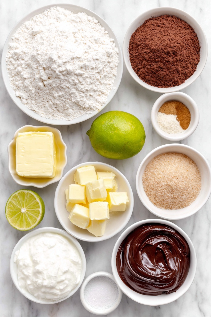 Gingerbread Cookie Log Rolls, festive gingerbread log rolls, homemade gingerbread Christmas treats, holiday gingerbread cookies, Nutella-lime gingerbread logs - Flat lay of a small heap of natural all-purpose flour in a small white ceramic bowl, a tiny white bowl with ground cinnamon powder, a small white bowl with ground ginger powder, a pinch of salt in a white ceramic dish, a small white bowl of baking powder, a small white bowl filled with golden light corn syrup, a small white bowl with packed light brown sugar, a small white bowl holding soft pale margarine, a whole fresh bright green lime, a small white bowl of smooth white cream cheese, a small white bowl with glossy dark hazelnut chocolate spread (Nutella), and a small white bowl of fine powdered sugar, all arranged symmetrically and balanced on a clean white marble surface, soft natural light, photo taken with an iPhone, professional food photography style, fresh ingredients, white ceramic bowls, no bottles, no duplicates, no utensils, no packaging --ar 2:3 --v 7 --p m7354615311229779997