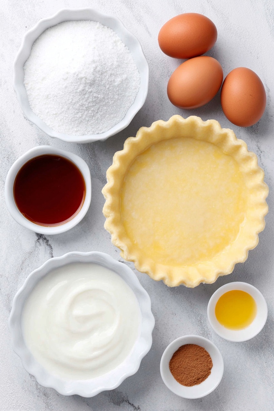 Egg Custard Pie, classic custard pie recipe, homemade egg custard dessert, easy custard pie, creamy custard pie - Flat lay of three whole brown eggs with clean shells, a small white ceramic bowl of granulated sugar, a small white bowl with fine salt, a small white bowl of golden vanilla extract, a single unbaked pie shell in a simple white ceramic dish, a small white bowl of scalded milk with steam rising gently, and a small white bowl filled with freshly grated nutmeg, all arranged symmetrically and balanced on a clean white marble surface, soft natural light, photo taken with an iPhone, professional food photography style, fresh ingredients, white ceramic bowls, no bottles, no duplicates, no utensils, no packaging --ar 2:3 --v 7 --p m7354615311229779997