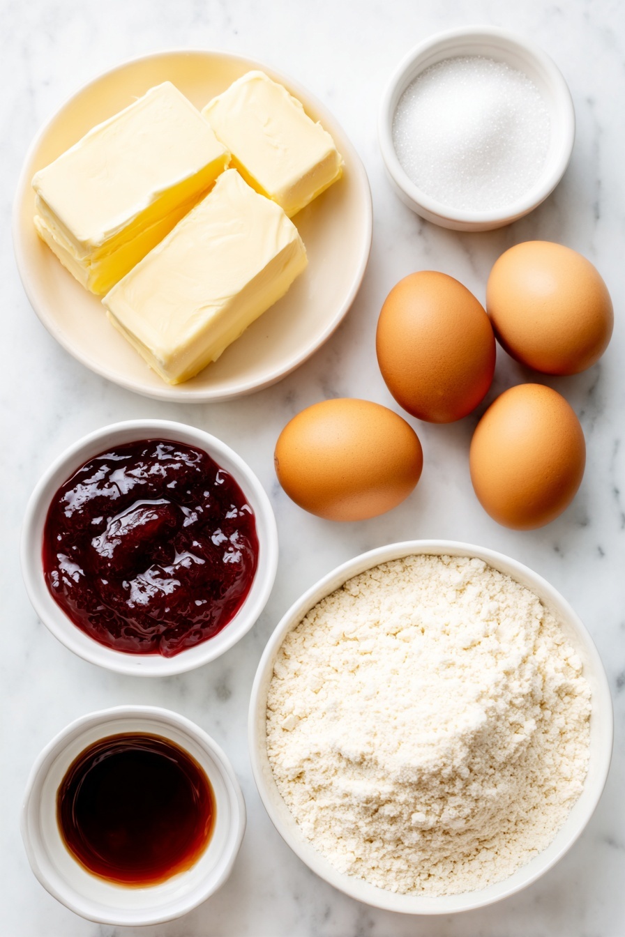 Thumbprint Cookies with Jam, thumbprint cookies, jam-filled cookies, buttery thumbprint cookies, holiday cookie recipes - Flat lay of a small pile of soft unsalted butter, a small white bowl filled with granulated sugar, two whole brown eggs with clean shells, a small white bowl of pure vanilla extract, a few grains of salt scattered beside a mound of all-purpose flour, and a small white bowl with bright red strawberry jam, all arranged in perfect symmetry on a clean white ceramic surface, placed on a clean white marble surface, soft natural light, photo taken with an iPhone, professional food photography style, fresh ingredients, white ceramic bowls, no bottles, no duplicates, no utensils, no packaging --ar 2:3 --v 7 --p m7354615311229779997