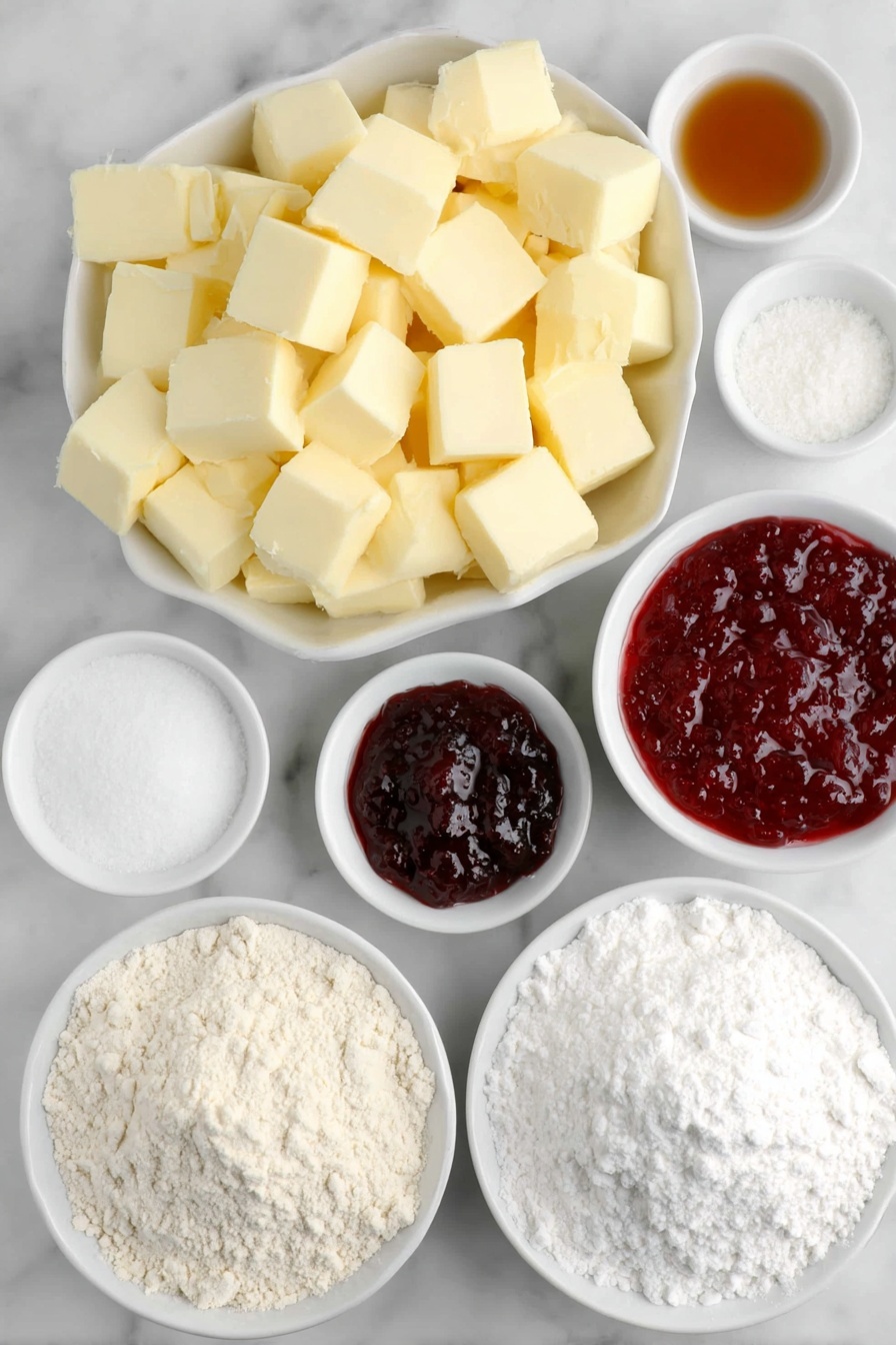 Raspberry Crumble Cookies, raspberry crumble cookies recipe, fruity crumbly cookies, buttery raspberry cookies, easy raspberry cookies - Flat lay of a small heap of all purpose flour, chilled unsalted butter cut into small cubes, a small white bowl of granulated sugar, a small white bowl of pure vanilla extract, a small white bowl of almond extract, a small white bowl of salt, a small white bowl of vibrant red raspberry jam, and a small neat pile of powdered sugar placed on a clean white marble surface, soft natural light, photo taken with an iPhone, professional food photography style, fresh ingredients, white ceramic bowls, no bottles, no duplicates, no utensils, no packaging --ar 2:3 --v 7 --p m7354615311229779997