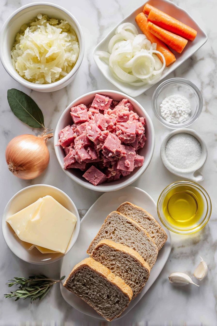 Reuben Soup with Corned Beef and Swiss, Reuben Soup recipe, hearty corned beef soup, creamy Swiss cheese soup, easy Reuben-inspired soup - Flat lay of a diced pile of lean cooked corned beef, a small white bowl of sauerkraut, a chopped yellow onion, four chopped fresh carrots, three peeled garlic cloves, a sprig of fresh oregano, one fresh bay leaf, a small white bowl with clear cold water, a small white bowl with white cornstarch powder, a small white bowl of heavy cream, neatly stacked slices of Swiss cheese, a small white bowl of golden extra-virgin olive oil, and six slices of marbled rye bread arranged in a simple white ceramic dish, placed on a clean white marble surface, soft natural light, photo taken with an iPhone, professional food photography style, fresh ingredients, white ceramic bowls, no bottles, no duplicates, no utensils, no packaging --ar 2:3 --v 7 --p m7354615311229779997