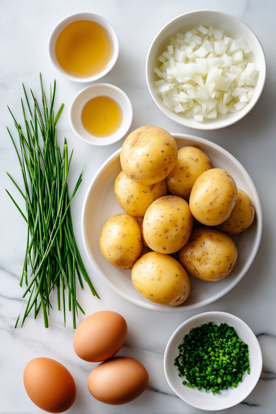 German Potato Salad, German Potato Salad Recipe, Tangy Potato Salad, Traditional German Potato Salad, Easy German Potato Salad - Flat lay of fresh whole Yukon gold potatoes with smooth golden skins, a small white ceramic bowl filled with finely diced white onions, another small white bowl containing clear apple cider vinegar, a small white bowl of light golden vegetable oil, a few bright green sprigs of minced chives arranged neatly, and two whole uncracked brown eggs placed symmetrically, all ingredients displayed on simple white ceramic dishes, perfectly balanced and symmetrical arrangement, placed on a clean white marble surface, soft natural light, photo taken with an iPhone, professional food photography style, fresh ingredients, white ceramic bowls, no bottles, no duplicates, no utensils, no packaging --ar 2:3 --v 7 --p m7354615311229779997