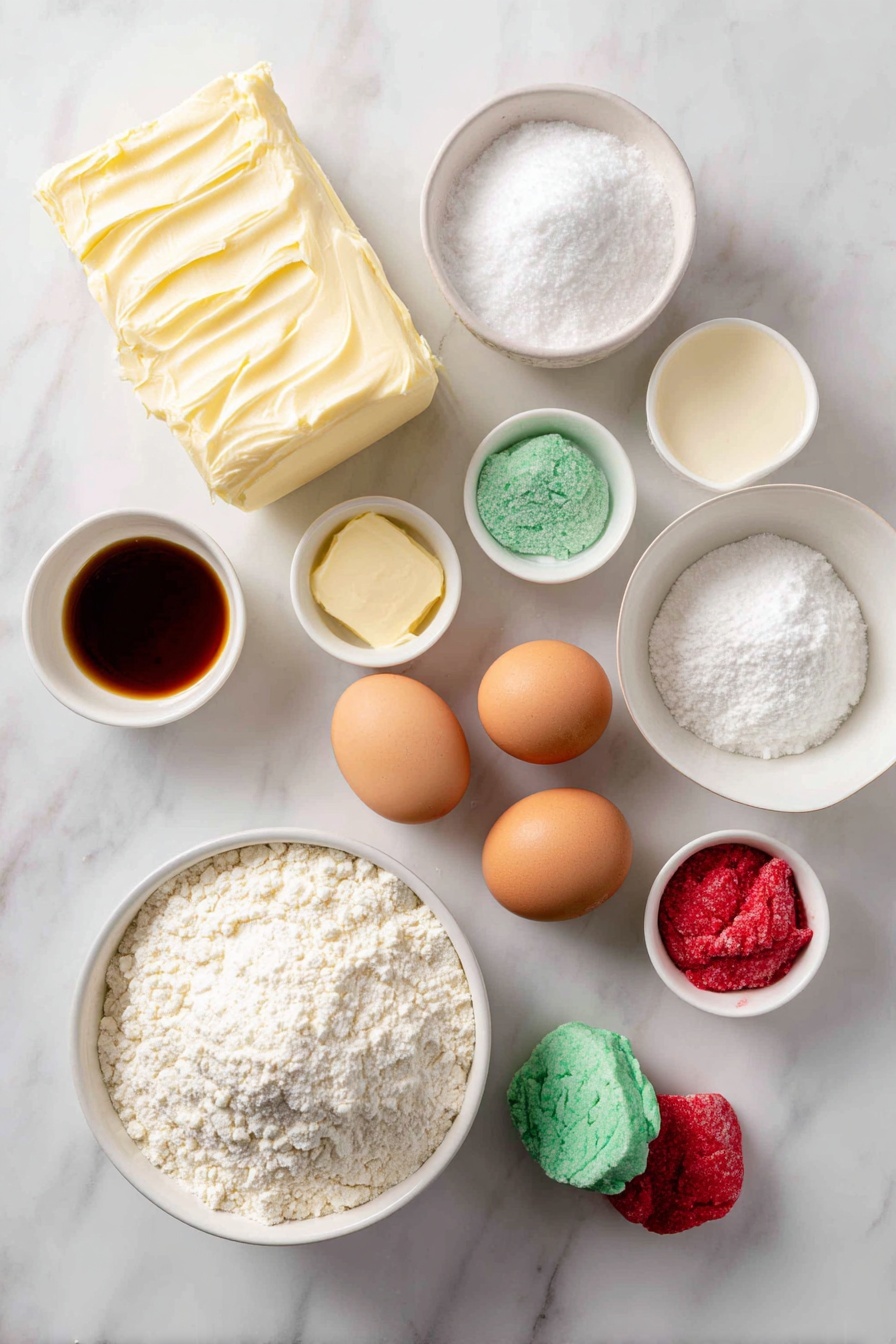 Peppermint Cheesecake Cookies, festive peppermint cookies, holiday cheesecake cookies, peppermint dessert recipes, soft peppermint cookies - Flat lay of a block of cream cheese with creamy texture, a half cup of solid butter, two whole brown eggs with smooth shells, a small white bowl filled with granulated sugar, a small white bowl containing vanilla extract, a small white bowl with all-purpose flour, a small white bowl holding baking powder, a small white bowl with fine salt, two small dollops of red and green dough representing food coloring mixed into dough pieces, a small white bowl with peppermint extract, all perfectly arranged in symmetrical balance on a clean white marble surface, soft natural light, photo taken with an iPhone, professional food photography style, fresh ingredients, white ceramic bowls, no bottles, no duplicates, no utensils, no packaging --ar 2:3 --v 7 --p m7354615311229779997