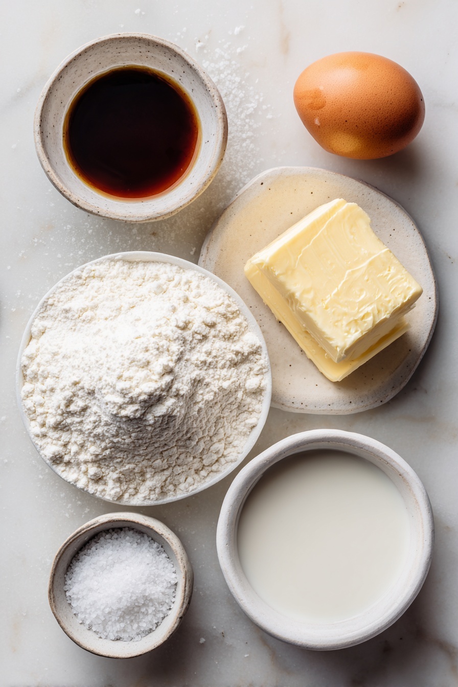 Butter Cookies, buttery cookie recipe, homemade butter cookies, easy butter cookies, soft butter cookies - Flat lay of a small block of unsalted butter with a rich creamy texture, a neat mound of fine granulated sugar, one large brown egg with a clean uncracked shell, a small white ceramic bowl of clear vanilla extract, a heaping pile of all-purpose flour, a small pinch of coarse salt beside it, and a small white ceramic bowl containing fresh milk, all arranged symmetrically and naturally on a clean white marble surface, soft natural light, photo taken with an iPhone, professional food photography style, fresh ingredients, white ceramic bowls, no bottles, no duplicates, no utensils, no packaging --ar 2:3 --v 7 --p m7354615311229779997