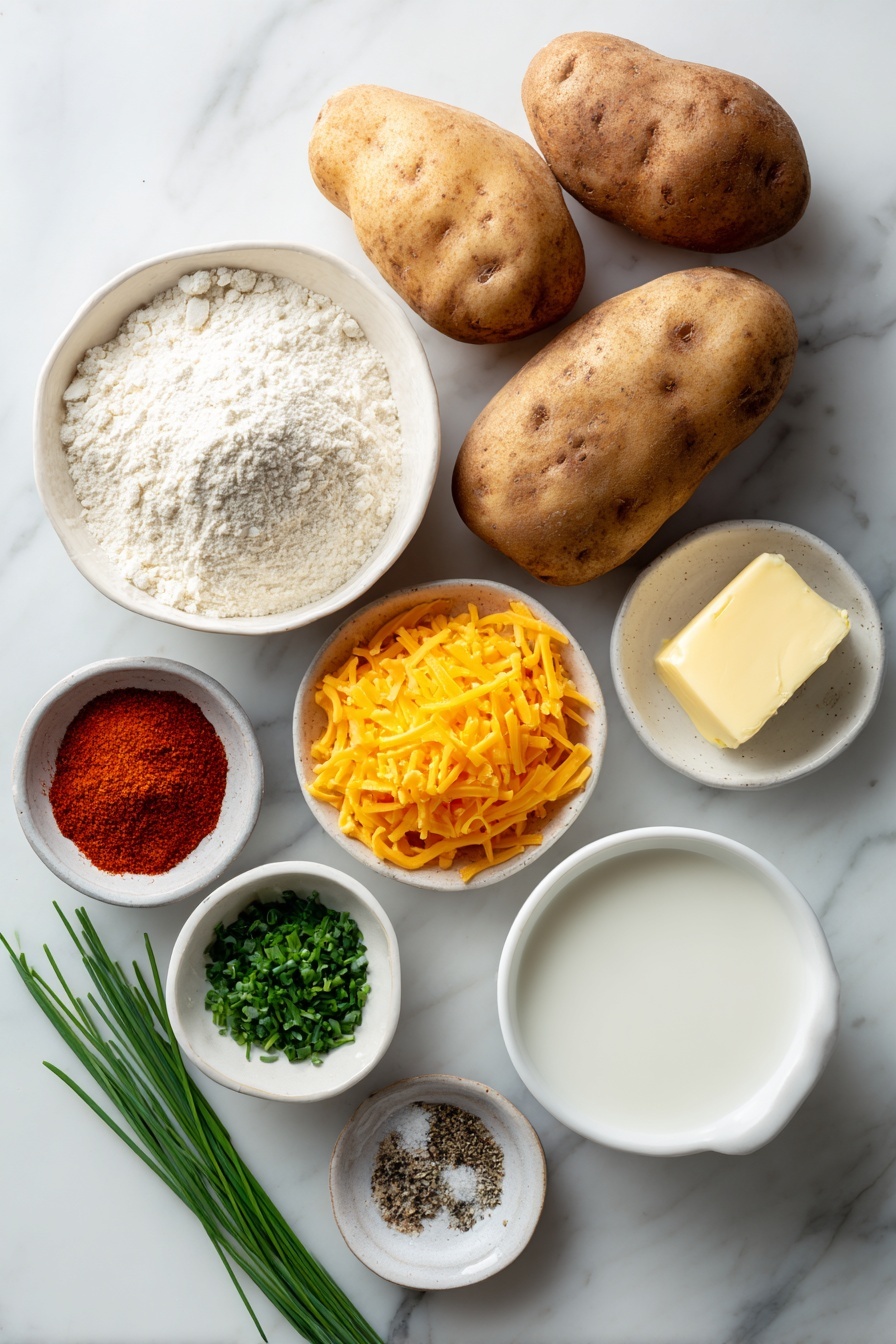 Cheesy Scalloped Potatoes, creamy potato casserole, cheesy potato bake, comfort food recipes, easy scalloped potatoes - Flat lay of whole russet potatoes with rough brown skins, a small pat of creamy yellow butter, a small white ceramic bowl of fine all-purpose flour, a small white bowl filled with creamy white milk, a small white bowl containing freshly ground black pepper and coarse salt, a neat pile of bright orange shredded sharp cheddar cheese, a tiny mound of vibrant red paprika powder, and a small cluster of finely chopped fresh green chives and parsley, all arranged symmetrically on a clean white marble surface, soft natural light, photo taken with an iPhone, professional food photography style, fresh ingredients, white ceramic bowls, no bottles, no duplicates, no utensils, no packaging --ar 2:3 --v 7 --p m7354615311229779997