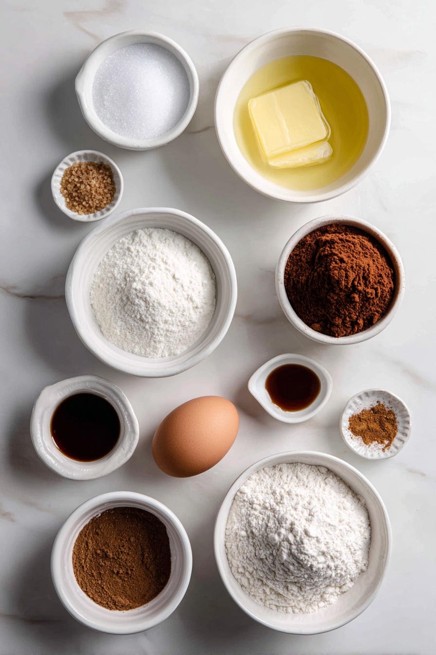 Spiced Gingerbread Cookie Bars, gingerbread bar recipe, holiday cookie bars, soft chewy gingerbread, festive dessert bars - Flat lay of a small white ceramic bowl of melted golden butter, a small white bowl of granulated white sugar, a small white bowl of rich brown sugar, a small white bowl of dark molasses, a single whole uncracked brown egg, a small white bowl of all-purpose flour, a small white bowl with ground cinnamon, a small white bowl with ground ginger, a small white bowl with ground allspice, a small white bowl with ground nutmeg, a small white bowl of fine salt, and a small white bowl of vanilla extract, all arranged in perfect symmetry on a clean white marble surface, soft natural light, photo taken with an iPhone, professional food photography style, fresh ingredients, white ceramic bowls, no bottles, no duplicates, no utensils, no packaging --ar 2:3 --v 7 --p m7354615311229779997
