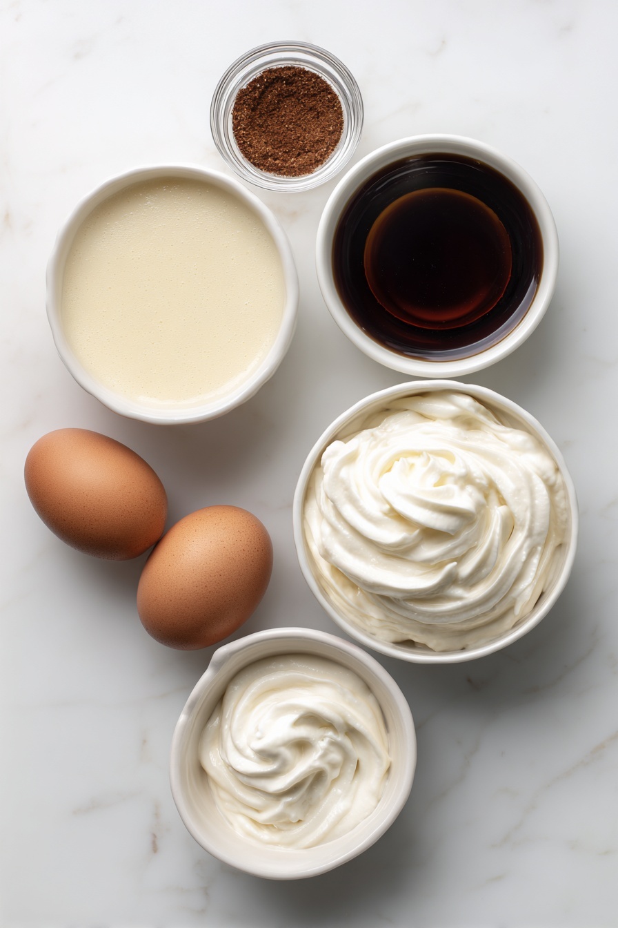 Eggnog White Russian Cocktail, festive holiday cocktails, creamy whiskey drinks, easy holiday cocktail recipes, eggnog cocktails - Flat lay of a small white ceramic bowl of smooth eggnog, a small white ceramic bowl with rich dark Kahlua coffee liqueur, a small white ceramic bowl with clear vodka, a small white ceramic bowl filled with finely ground nutmeg, a small white ceramic bowl holding a swirl of fresh whipped cream, and two whole clean brown eggs placed symmetrically, all arranged neatly on a clean white marble surface, soft natural light, photo taken with an iPhone, professional food photography style, fresh ingredients, white ceramic bowls, no bottles, no duplicates, no utensils, no packaging --ar 2:3 --v 7 --p m7354615311229779997