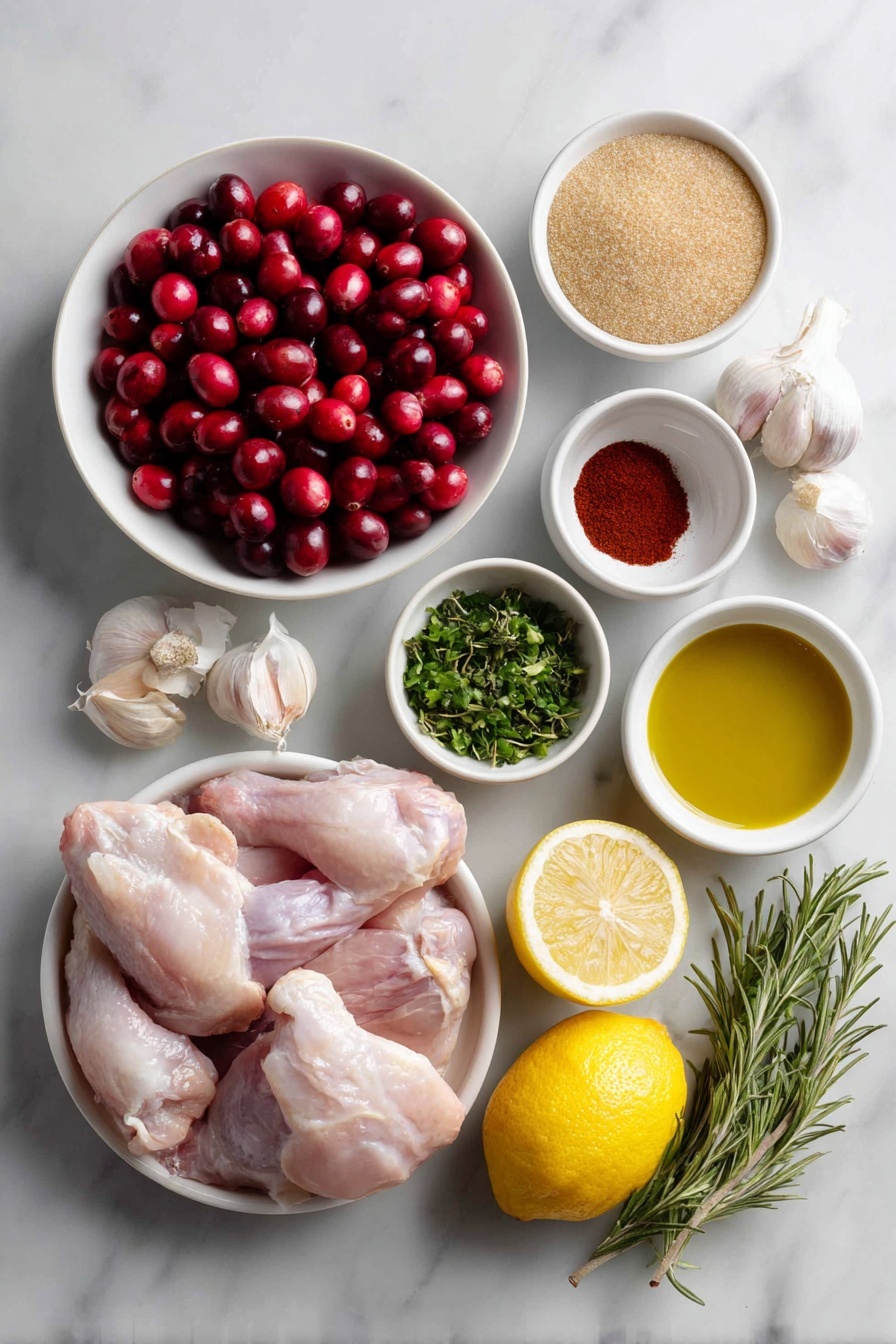 Baked Cranberry Chicken with Rosemary, cranberry chicken, roasted chicken with cranberries, easy cranberry chicken dinner, rosemary chicken recipe - Flat lay of fresh bright red cranberries in a small white ceramic bowl, a small white bowl filled with golden brown sugar, another small white bowl with clear white wine vinegar, six raw bone-in skin-on chicken pieces arranged neatly, several uncracked whole garlic cloves, a small white bowl with chopped fresh green rosemary, a small white bowl of deep red paprika powder, a few celery stalks chopped evenly, a large yellow onion cut into chunks, one halved bright yellow lemon with visible juice droplets, a small white bowl containing golden extra virgin olive oil, a few fresh rosemary sprigs for garnish, placed on a clean white marble surface, soft natural light, photo taken with an iPhone, professional food photography style, fresh ingredients, white ceramic bowls, no bottles, no duplicates, no utensils, no packaging --ar 2:3 --v 7 --p m7354615311229779997