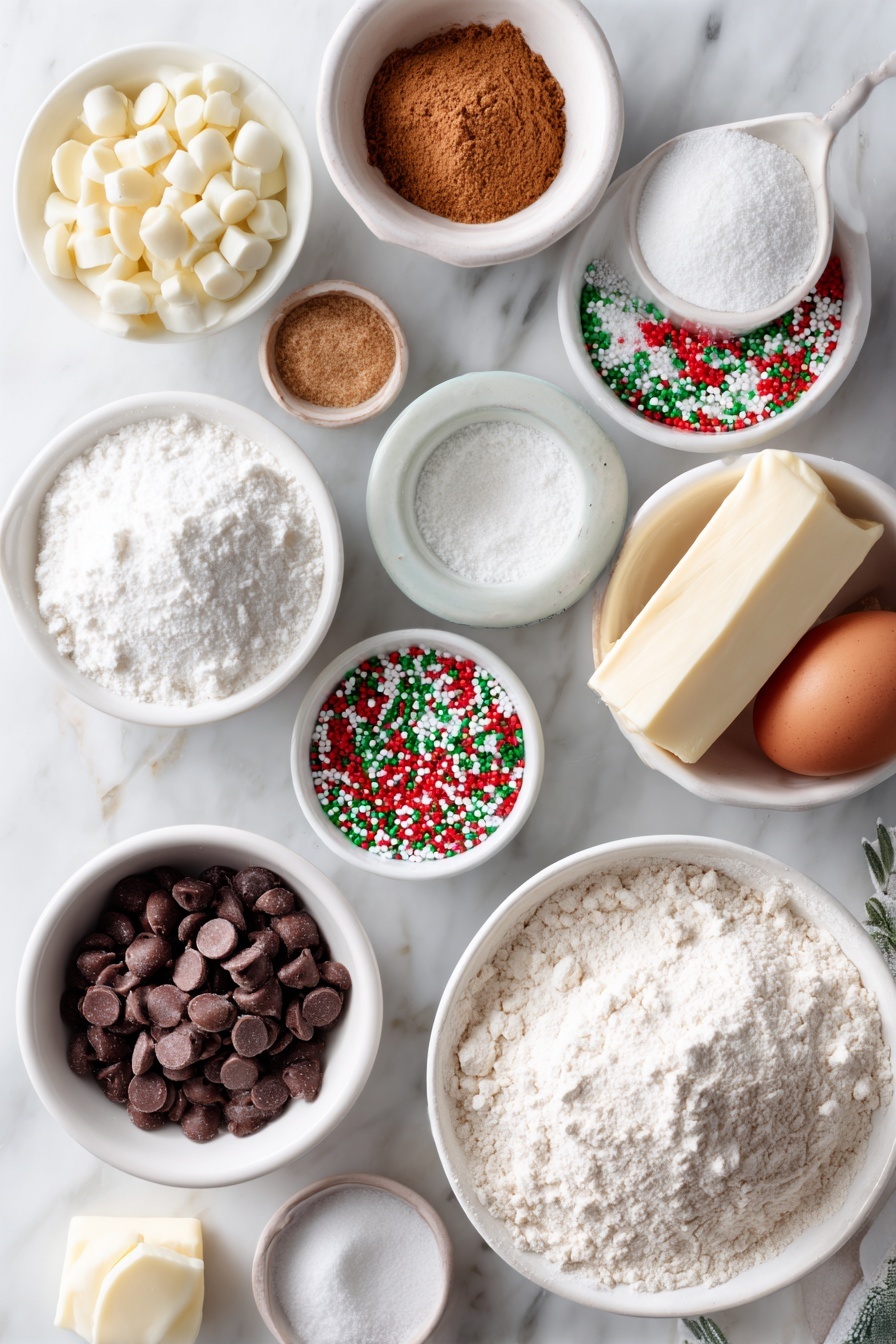 Christmas Chocolate Chip Cookies, holiday chocolate chip cookie recipe, festive Christmas cookies, soft chewy chocolate chip cookies, easy Christmas baking - Flat lay of a small white ceramic bowl of all-purpose white flour, a small white ceramic bowl of light brown sugar, a small white ceramic bowl of white sugar, one large whole egg with a clean shell, a small white ceramic bowl of ground cinnamon, a small white ceramic bowl of baking soda, a small white ceramic bowl of salt, a small white ceramic bowl of mini semi-sweet chocolate chips, a small white ceramic bowl of white chocolate chips, a small white ceramic bowl of red, green, and white flat confetti Christmas sprinkles, and a stick of salted butter partially melted, all arranged with perfect symmetry and balanced proportions, placed on a clean white marble surface, soft natural light, photo taken with an iPhone, professional food photography style, fresh ingredients, white ceramic bowls, no bottles, no duplicates, no utensils, no packaging --ar 2:3 --v 7 --p m7354615311229779997