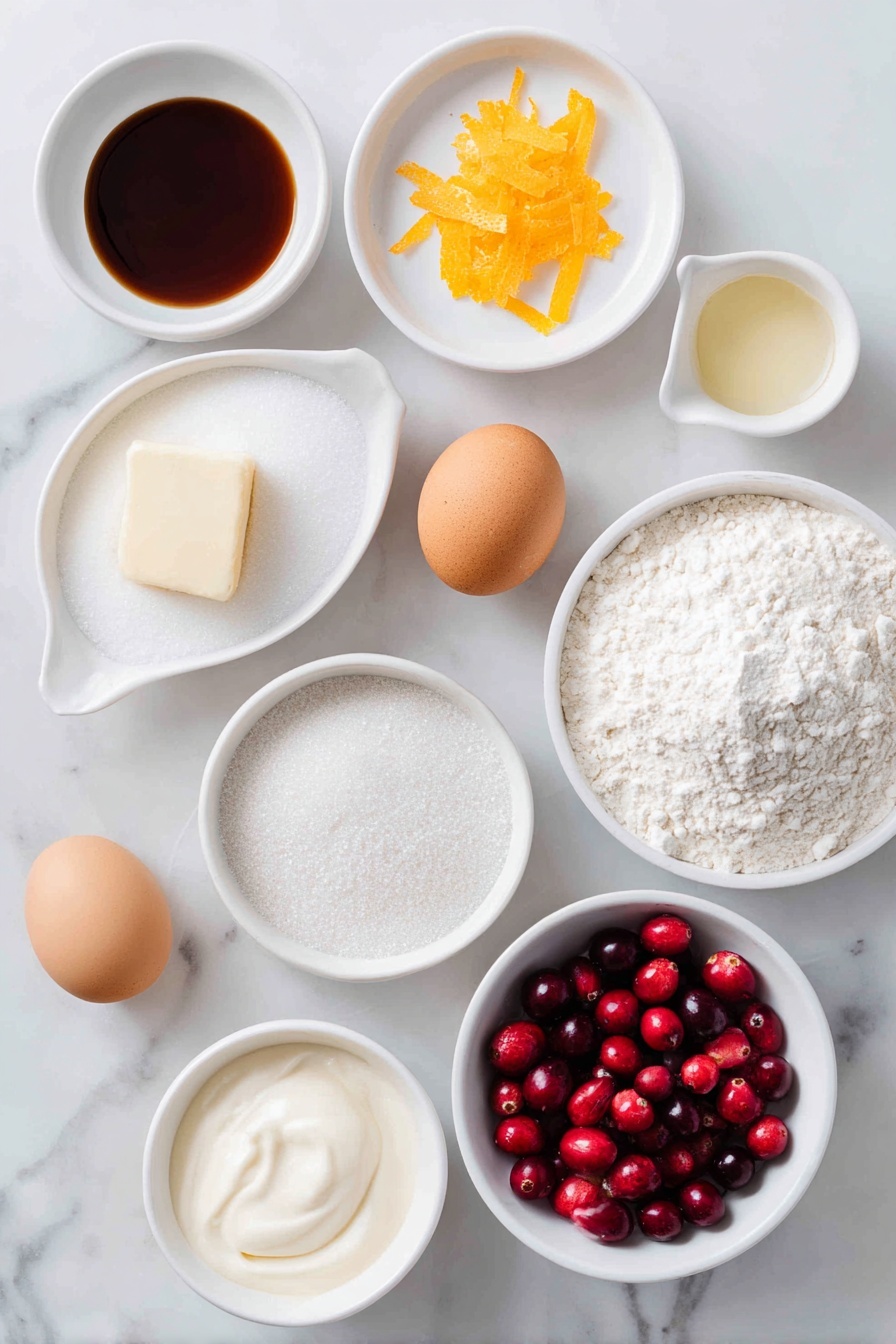 Cranberry Orange Cake, Cranberry Orange Cake Recipe, festive citrus cake, easy fruit cake, moist citrus dessert - Flat lay of a small mound of granulated sugar, thin strips of bright orange zest, a soft pat of unsalted butter, one whole uncracked brown egg, a small white bowl of clear vanilla extract, a tiny white bowl of fine baking powder powder, a small white bowl of salt, a neat pile of all-purpose flour, a small white bowl filled with creamy buttermilk, a cluster of fresh red cranberries, and a small white bowl of sparkling sugar, all arranged with perfect symmetry on simple white ceramic dishes, placed on a clean white marble surface, soft natural light, photo taken with an iPhone, professional food photography style, fresh ingredients, white ceramic bowls, no bottles, no duplicates, no utensils, no packaging --ar 2:3 --v 7 --p m7354615311229779997