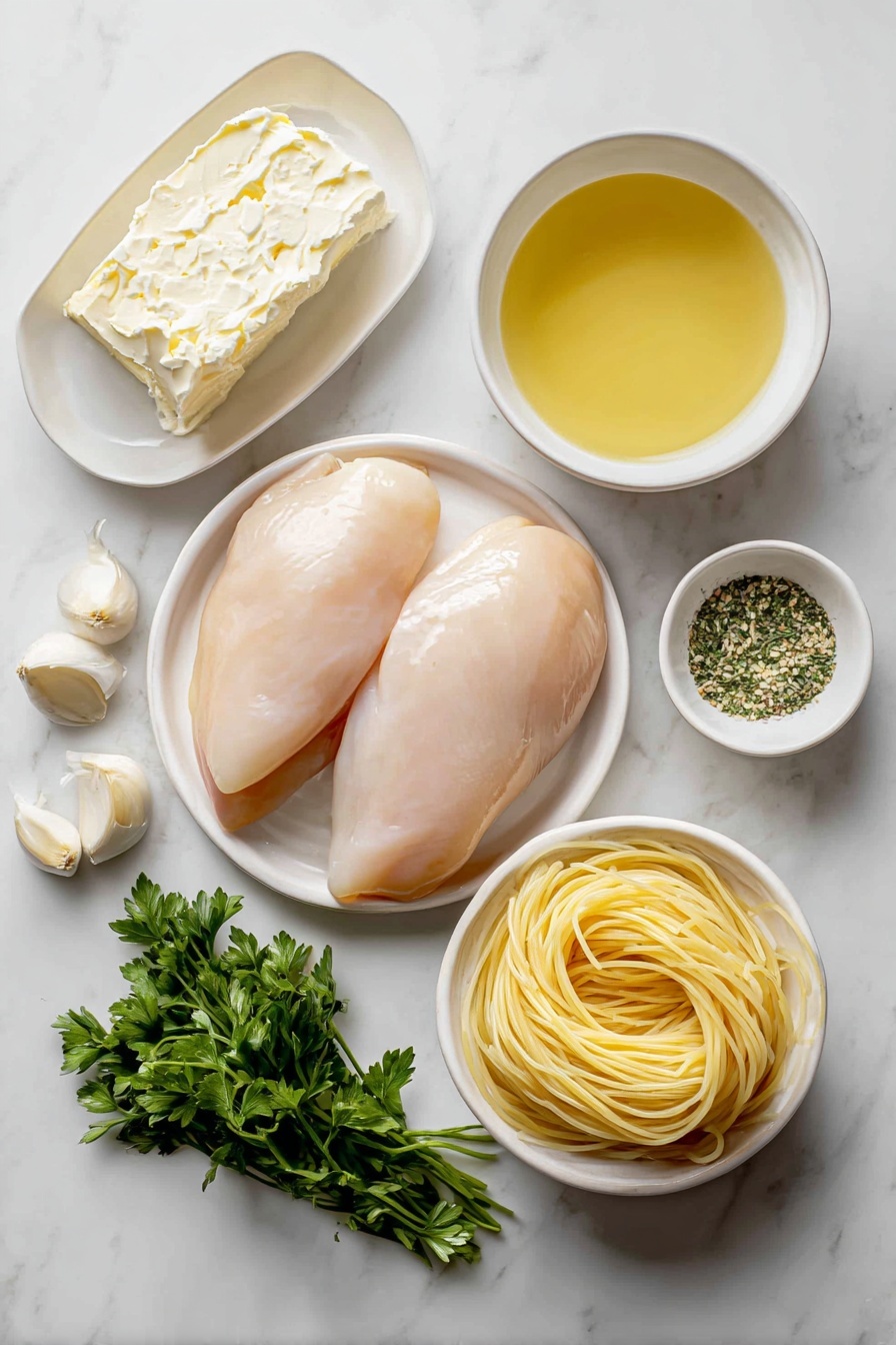 Creamy Crock Pot Angel Chicken, easy crock pot chicken recipes, rich creamy chicken dinner, foolproof slow cooker chicken, comforting crock pot chicken dish - Flat lay of fresh boneless, skinless chicken breasts, a half block of creamy white cream cheese softened to room temperature, a few tablespoons of smooth unsalted butter softened to room temperature, three peeled garlic cloves, a small white ceramic bowl filled with light golden vegetable oil, a small white ceramic bowl of pale yellow chicken broth, a small white ceramic bowl with smooth cream of chicken soup, a small white ceramic bowl containing dry Italian seasoning mix with visible herbs, a neatly coiled portion of delicate angel hair pasta, and a small bunch of bright green chopped fresh parsley placed on a simple white ceramic dish, all arranged symmetrically on a clean white marble surface, soft natural light, photo taken with an iPhone, professional food photography style, fresh ingredients, white ceramic bowls, no bottles, no duplicates, no utensils, no packaging --ar 2:3 --v 7 --p m7354615311229779997