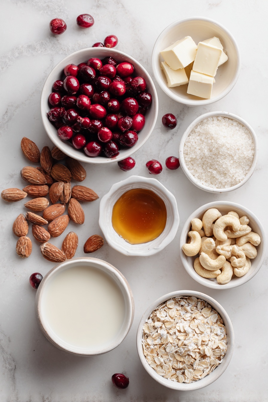 Cranberry White Chocolate Tart, cranberry white chocolate dessert, holiday tart recipes, easy cranberry tart, white chocolate cranberry pie - Flat lay of a small white ceramic bowl filled with fresh whole cranberries, a handful of whole raw almonds, a small white ceramic bowl of solid coconut oil, a small white ceramic bowl of amber maple syrup, a small mound of gluten-free oats, a small white ceramic bowl of creamy cashew milk, a small pile of raw cashews (soaked, plump and fresh), a few pieces of solid white vegan chocolate, and a small white ceramic bowl of finely powdered agar agar, all arranged in perfect symmetry on a clean white marble surface, soft natural light, photo taken with an iPhone, professional food photography style, fresh ingredients, white ceramic bowls, no bottles, no duplicates, no utensils, no packaging --ar 2:3 --v 7 --p m7354615311229779997