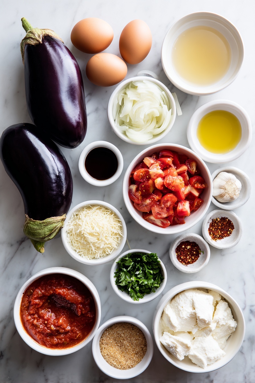 Eggplant Rollatini, Eggplant Rollatini recipe, Italian eggplant appetizer, cheesy eggplant rollups, baked eggplant with ricotta - Flat lay of a large glossy purple eggplant sliced lengthwise, three whole brown eggs with clean shells, a small white ceramic bowl of golden olive oil, a small white ceramic bowl filled with finely chopped bright white onion, two peeled garlic cloves, a small white ceramic bowl of deep red tomato sauce, a small white ceramic bowl of vibrant red diced tomatoes with seeds visible, a small white ceramic bowl of light golden chicken broth, a small white ceramic bowl of thick dark red tomato paste, a small pile of finely minced fresh parsley leaves, a small white ceramic bowl of white ricotta cheese with a creamy texture, a small white ceramic bowl with shredded pale yellow part-skim mozzarella, a small white ceramic bowl of finely grated Parmesan cheese, a small white ceramic bowl of light brown seasoned bread crumbs, and a small white ceramic bowl of crushed red pepper flakes, all arranged in perfect symmetry on a clean white marble surface, soft natural light, photo taken with an iPhone, professional food photography style, fresh ingredients, white ceramic bowls, no bottles, no duplicates, no utensils, no packaging --ar 2:3 --v 7 --p m7354615311229779997