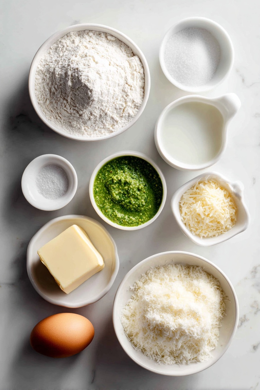 Pesto Star Bread, savory pesto bread, cheesy bread recipe, holiday bread ideas, easy homemade bread - Flat lay of a small mound of all purpose flour, a small pile of instant mashed potato flakes, a small heap of granulated sugar, a pinch of coarse salt crystals, a small white ceramic bowl with warm whole milk, a small white ceramic bowl containing instant yeast granules, a cube of unsalted butter, a small white ceramic bowl filled with bright green pesto sauce, a small white ceramic bowl with freshly grated Parmesan cheese, and one whole, uncracked brown egg, all arranged in perfect symmetry on a clean white marble surface, soft natural light, photo taken with an iPhone, professional food photography style, fresh ingredients, white ceramic bowls, no bottles, no duplicates, no utensils, no packaging --ar 2:3 --v 7 --p m7354615311229779997