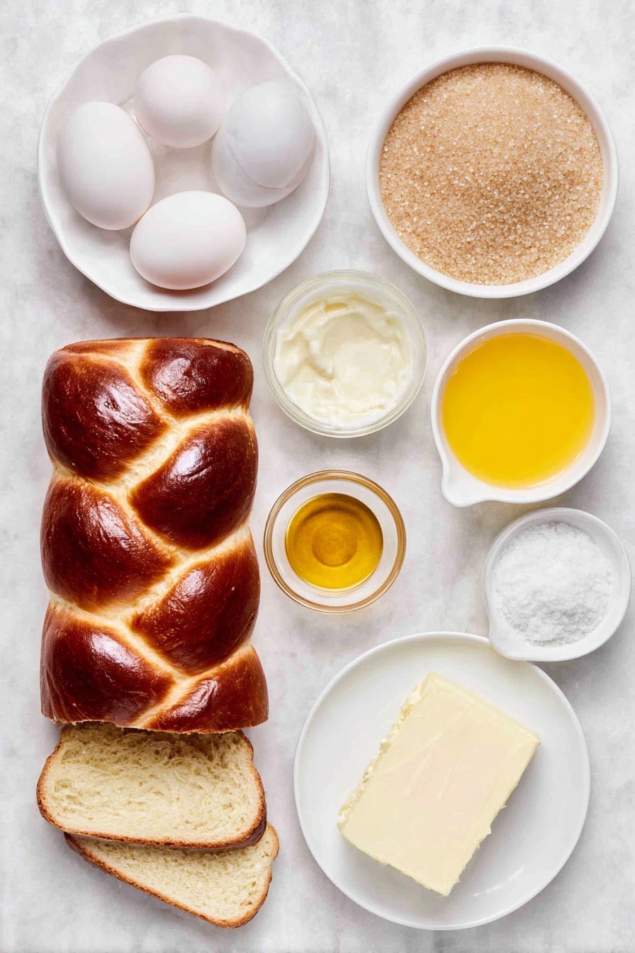 Brioche French Toast Casserole, easy brunch recipes, holiday breakfast ideas, baked French toast, indulgent breakfast casserole - Flat lay of a thick loaf of brioche bread sliced into triangles arranged neatly, four large clean eggs with uncracked shells, a small white ceramic bowl filled with light brown sugar crystals, a few fresh orange zests curled beside a small white bowl of bright orange juice, a small white bowl holding golden vanilla extract, a tiny pile of fine salt grains, a small white bowl of creamy milk, a smooth pat of pale butter on a simple white dish, and a small white bowl containing coarse demerara sugar crystals, all placed on a clean white marble surface, soft natural light, photo taken with an iPhone, professional food photography style, fresh ingredients, white ceramic bowls, no bottles, no duplicates, no utensils, no packaging --ar 2:3 --v 7 --p m7354615311229779997