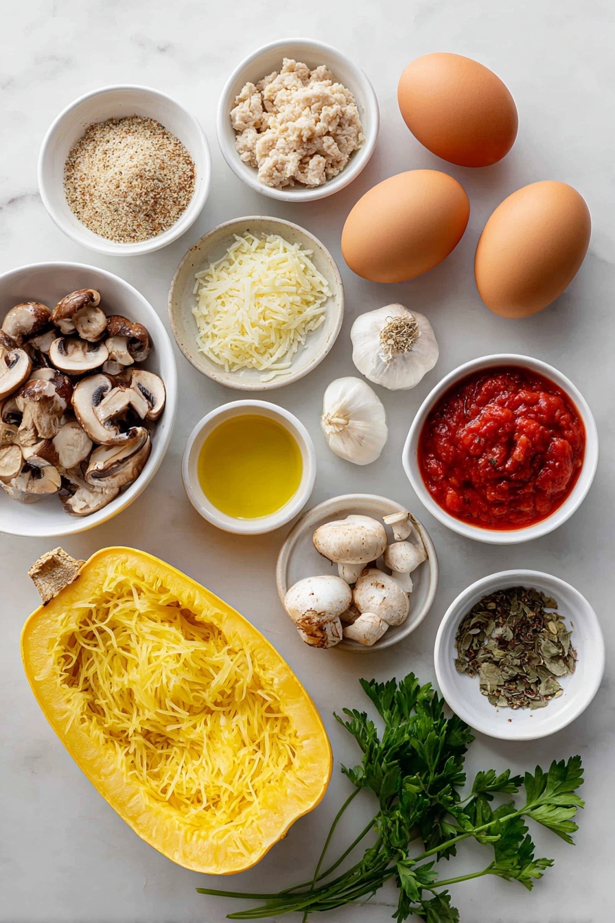 Chicken Florentine Meatballs with Spaghetti Squash, healthy chicken meatballs with spinach, low-carb spaghetti squash dinner, easy healthy meatball recipe, homemade chicken meatballs - Flat lay of two whole uncracked brown eggs, a small white bowl of dry bread crumbs, a small mound of grated Parmesan cheese, a few dried minced onion flakes, one fresh garlic clove, a small pinch of salt crystals, a small pinch of black peppercorns, a portion of raw ground chicken, one medium spaghetti squash halved lengthwise showing vibrant yellow strands, a small white bowl of sliced fresh brown mushrooms, a small white bowl of olive oil, a small white bowl of diced fresh tomatoes, a small white bowl of smooth tomato sauce, a few sprigs of fresh green parsley, a small bunch of fresh garlic cloves, a small pile of dried oregano leaves, a small pile of dried basil leaves, all arranged symmetrically and balanced on simple white ceramic bowls and plates placed on a clean white marble surface, soft natural light, photo taken with an iPhone, professional food photography style, fresh ingredients, white ceramic bowls, no bottles, no duplicates, no utensils, no packaging --ar 2:3 --v 7 --p m7354615311229779997