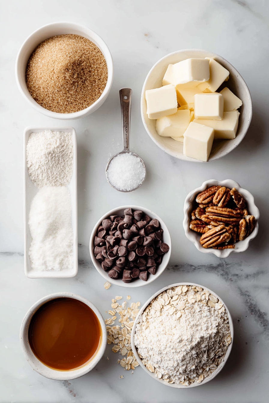 Chocolate Caramel Bar, Chocolate Caramel Bars recipe, caramel chocolate bar, no-bake caramel bars, easy chocolate caramel desserts - Flat lay of a small mound of all-purpose flour, a small white ceramic bowl filled with quick-cooking oats, a small white bowl with packed brown sugar, a teaspoon of baking soda in a neat pile, a small heap of salt, several cold butter cubes arranged neatly, a small white bowl of semisweet chocolate chips, a small white bowl of chopped pecans, and a small white bowl of smooth caramel sauce, all ingredients fresh and natural, placed on a clean white marble surface, soft natural light, photo taken with an iPhone, professional food photography style, fresh ingredients, white ceramic bowls, no bottles, no duplicates, no utensils, no packaging --ar 2:3 --v 7 --p m7354615311229779997