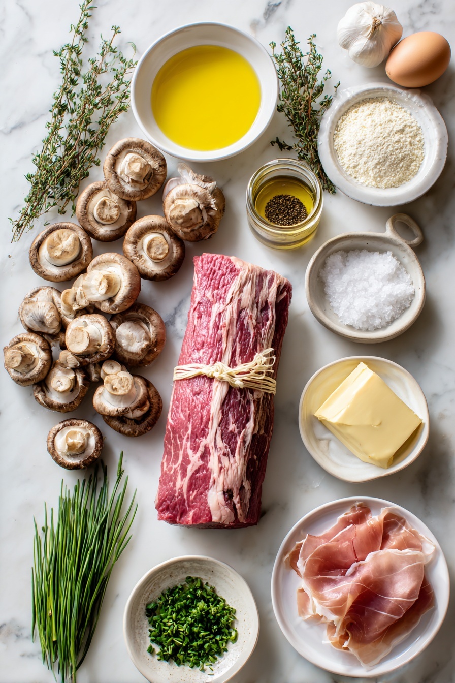 Beef Wellington, Beef Wellington how to make, Homemade Beef Wellington, Best Beef Wellington recipe, Elegant beef Wellington - Flat lay of a whole center-cut beef tenderloin tied with butcher’s twine, a small mound of kosher salt crystals, a small pile of freshly ground black pepper, a small white ceramic bowl of golden olive oil, a small white ceramic bowl of pale yellow Dijon mustard, a mix of fresh button, cremini, shiitake, and portobello mushrooms roughly chopped, two medium shallots roughly chopped, a few fresh thyme sprigs with bright green leaves, four whole garlic cloves with skins on, a small white ceramic bowl of salted butter, twelve thin slices of pink prosciutto arranged overlapping, a neat pile of white all-purpose flour, a sheet of thawed pale yellow puff pastry, one whole uncracked large brown egg, a small heap of coarse flaky sea salt crystals, and a bunch of fresh finely minced chives with bright green stems—all arranged symmetrically on simple white ceramic dishes and plates—placed on a clean white marble surface, soft natural light, photo taken with an iPhone, professional food photography style, fresh ingredients, white ceramic bowls, no bottles, no duplicates, no utensils, no packaging --ar 2:3 --v 7 --p m7354615311229779997