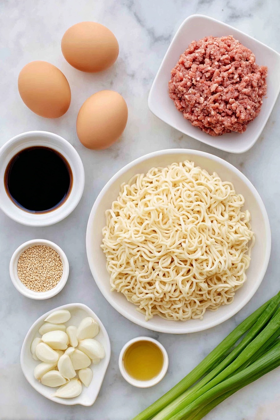 Asian Beef Ramen Noodles, quick beef ramen recipe, easy Asian noodle bowl, savory beef ramen, 15-minute ramen dinner - Flat lay of fresh thin ramen noodles arranged in a small white ceramic bowl, two whole uncracked brown eggs, a small white bowl filled with dark soy sauce, a small white bowl with oyster sauce, a small white bowl with mirin, a small white bowl containing golden toasted sesame oil, fresh whole garlic cloves with papery skins intact, half a white onion sliced thinly, a handful of fresh crisp bean sprouts, a small bunch of finely sliced green onions, a small pile of natural sesame seeds, and a portion of raw ground beef formed neatly on a simple white ceramic plate, placed on a clean white marble surface, soft natural light, photo taken with an iPhone, professional food photography style, fresh ingredients, white ceramic bowls, no bottles, no duplicates, no utensils, no packaging --ar 2:3 --v 7 --p m7354615311229779997