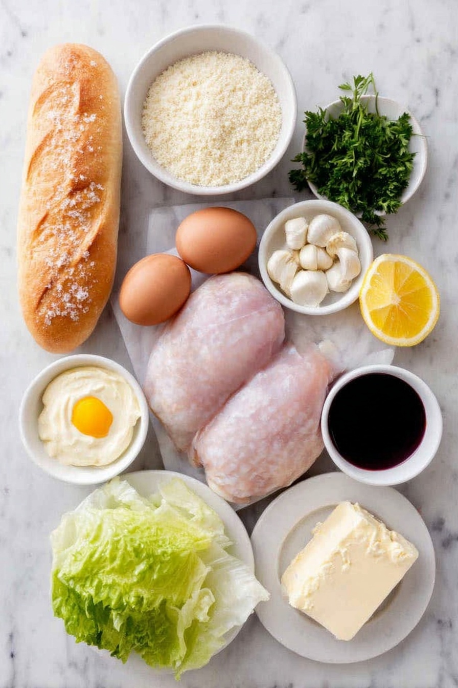 Crispy Chicken Caesar Sandwich, crispy chicken sandwich recipe, homemade Caesar sauce, toasted hoagie sandwiches, crunchy chicken sandwich ideas - Flat lay of two whole raw chicken breasts, one whole uncracked brown egg, a small white bowl filled with panko breadcrumbs, a small white bowl filled with regular breadcrumbs, a small white bowl with slightly melted salted butter, a small white bowl of creamy mayonnaise, three peeled garlic cloves and a few minced garlic pieces beside them, a small bunch of fresh flat-leaf parsley with some leaves chopped, a small white bowl of finely grated Parmesan cheese, a small white bowl of sour cream or Greek yogurt, a fresh lemon cut in half with one half showing juice droplets, a small white bowl of Dijon mustard, a small white bowl with anchovy paste dollop, a small white bowl with Worcestershire sauce, a few green romaine lettuce leaves loosely stacked, and one whole uncut hoagie roll, all arranged symmetrically on a simple white ceramic plates and bowls, placed on a clean white marble surface, soft natural light, photo taken with an iPhone, professional food photography style, fresh ingredients, white ceramic bowls, no bottles, no duplicates, no utensils, no packaging --ar 2:3 --v 7 --p m7354615311229779997