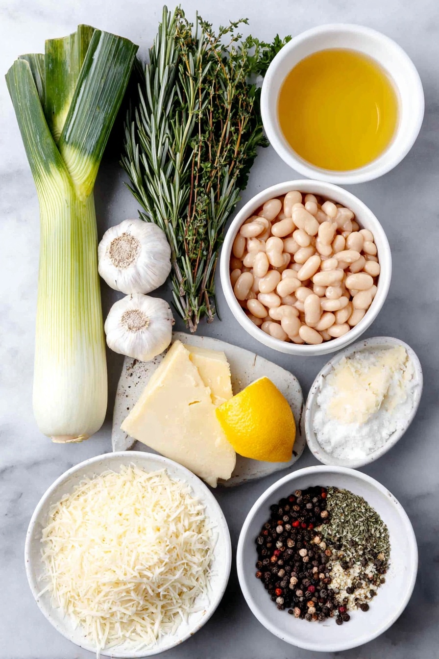 Creamy Butter Beans with Leeks, Creamy Butter Beans with Leeks recipe, easy vegan butter bean dish, hearty leek and bean main, comforting vegetarian meal - Flat lay of fresh whole garlic cloves, whole black peppercorns scattered, a sliced leek showing white and light green layers, a small white ceramic bowl with golden butter, a small white bowl with dry white wine, a fresh sprig of rosemary, a fresh sprig of thyme, a simple white bowl filled with rinsed cannellini beans, a small white bowl with clear vegetable broth, a small white bowl containing fine salt crystals, a wedge of lemon showing both zest and juice droplets, a handful of fresh flat-leaf parsley, finely grated sharp cheddar cheese mound on a white plate, finely grated vegetarian pecorino cheese pile on a separate white plate, all ingredients arranged symmetrically on a clean white marble surface, soft natural light, photo taken with an iPhone, professional food photography style, fresh ingredients, white ceramic bowls, no bottles, no duplicates, no utensils, no packaging --ar 2:3 --v 7 --p m7354615311229779997