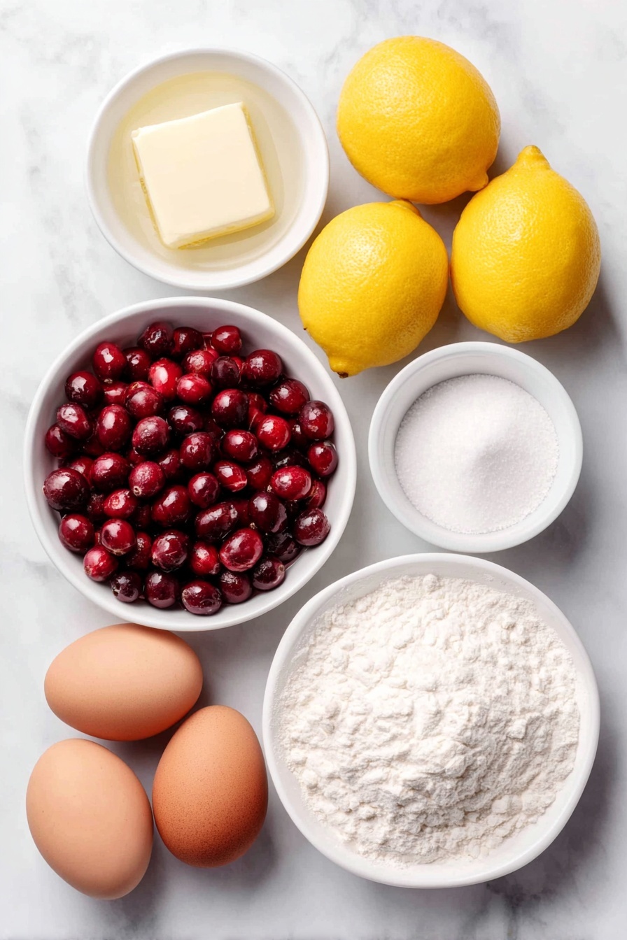Cranberry Lemon Bars, lemon bars with cranberries, tart and sweet dessert, easy holiday dessert, fruity lemon bar recipe - Flat lay of fresh whole cranberries scattered beside a small white bowl of clear water, a small white bowl filled with granulated sugar, a stick of unsalted butter partially melted on a simple white ceramic plate, a small white bowl holding all-purpose flour, three whole uncracked brown eggs, three fresh whole lemons with one cut in half, a small white bowl containing pale lemon juice, and a smaller white bowl with fine white powdered sugar, all arranged in perfect symmetry on a clean white marble surface, soft natural light, photo taken with an iPhone, professional food photography style, fresh ingredients, white ceramic bowls, no bottles, no duplicates, no utensils, no packaging --ar 2:3 --v 7 --p m7354615311229779997