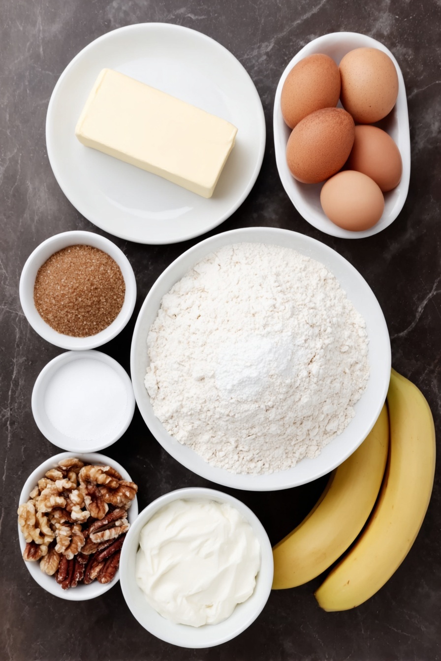 Moist Banana Bread, Best Banana Bread, Easy Banana Bread Recipe, Soft Banana Bread, Banana Bread with Oat Flour - Flat lay of a stick of softened butter on a simple white ceramic plate, two whole uncracked brown eggs, a small white bowl of packed brown sugar, a small white bowl of white granulated sugar, two medium ripe bananas peeled and sliced, a small white bowl of all-purpose flour, a small white bowl of finely ground old fashioned oats, a small white bowl of sour cream, a small white bowl of golden baking powder, a small white bowl of light beige baking soda powder, a small white bowl of coarse kosher salt crystals, a small white bowl with ground cinnamon, a small white bowl with ground nutmeg, a small white bowl with ground cloves, a small white ceramic dish of chopped toasted walnuts and pecans mixed together — all ingredients fresh and natural, arranged in perfect symmetry, realistic proportions, placed on a clean white marble surface, soft natural light, photo taken with an iPhone, professional food photography style, fresh ingredients, white ceramic bowls, no bottles, no duplicates, no utensils, no packaging --ar 2:3 --v 7 --p m7354615311229779997