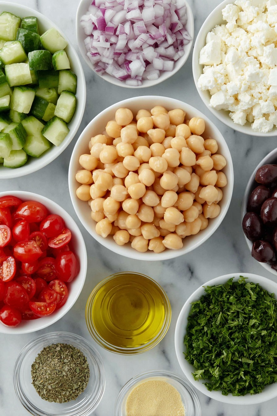 Quick Mediterranean Chickpea Salad, Mediterranean Chickpea Salad, Healthy Chickpea Salad, Easy Mediterranean Salad, Fast Veggie Salad - Flat lay of a small white ceramic bowl filled with fresh, plump chickpeas, a small white ceramic bowl of chopped cucumber, a small white ceramic bowl of halved cherry tomatoes, a small white ceramic bowl holding diced red bell pepper, a small white ceramic bowl with sliced deep purple kalamata olives, a small white ceramic bowl containing finely chopped red onion, a small white ceramic bowl of crumbled white feta cheese, a small white ceramic bowl with chopped fresh green parsley, a small white ceramic bowl of golden extra virgin olive oil, a small white ceramic bowl of deep red wine vinegar, a small white ceramic bowl holding smooth pale yellow Dijon mustard powder, and small white ceramic bowls with dried oregano, garlic powder, kosher salt, and ground black pepper, all ingredients arranged symmetrically and balanced, placed on a clean white marble surface, soft natural light, photo taken with an iPhone, professional food photography style, fresh ingredients, white ceramic bowls, no bottles, no duplicates, no utensils, no packaging --ar 2:3 --v 7 --p m7354615311229779997