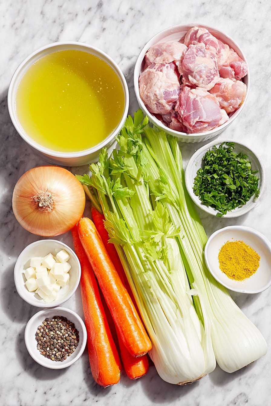 Turmeric Chicken Soup with Coconut Milk, turmeric chicken soup, healthy coconut milk soup, comforting chicken and turmeric broth, easy turmeric soup recipe - Flat lay of a small white ceramic bowl of golden olive oil, a whole medium onion with papery skin, a large leek cut lengthwise showing white and light green layers, three vibrant orange carrots sliced into rounds, three bright green celery stalks sliced thin, three whole garlic cloves peeled, a small white bowl of bright yellow turmeric powder, a small white bowl with mixed poultry seasoning, a simple white ceramic bowl filled with rich golden chicken broth, a small white bowl of creamy white coconut milk, two raw boneless skinless chicken thighs, a small white bowl of fresh bright green parsley leaves, a small white bowl of coarse kosher salt crystals, and a small white bowl of cracked black peppercorns, all arranged with perfect symmetry on a clean white marble surface, soft natural light, photo taken with an iPhone, professional food photography style, fresh ingredients, white ceramic bowls, no bottles, no duplicates, no utensils, no packaging --ar 2:3 --v 7 --p m7354615311229779997