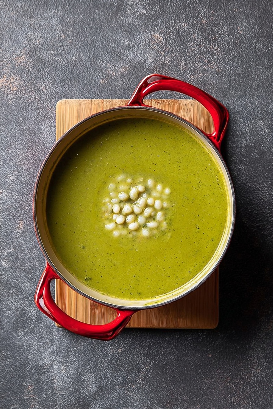 Easy Chicken Pozole Verde Soup, Chicken Pozole Verde, Mexican green pozole, homemade pozole verde, comforting chicken soup - A round pot with shiny red handles holds a green soup that fills the pot almost to the top. On top of the soup, in the center, there is a layer of small, white, soft-looking balls. The pot is placed on a light wooden board, which sits on a dark gray textured surface. The image is taken from above showing the whole pot clearly photo taken with an iphone --ar 2:3 --v 7