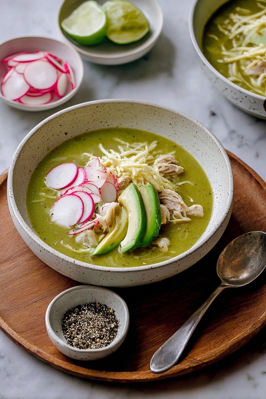 Easy Chicken Pozole Verde Soup, Chicken Pozole Verde, Mexican green pozole, homemade pozole verde, comforting chicken soup - The image shows a bowl of green soup with three main layers: the base is a smooth, green broth that fills the bowl; on top, there are thin, pale yellow shredded pieces and small chunks of light beige meat; arranged on top in a neat row are thin white radish slices with pink edges, and slices of light green avocado with a creamy texture. The bowl is white with a speckled pattern and sits on a wooden board. Around it, there is a small bowl of black and white pepper on the board, a silver spoon below it, and in the background, a white bowl of thin radish slices and another white bowl with lime wedges, all placed on a white marbled surface. Photo taken with an iphone --ar 2:3 --v 7