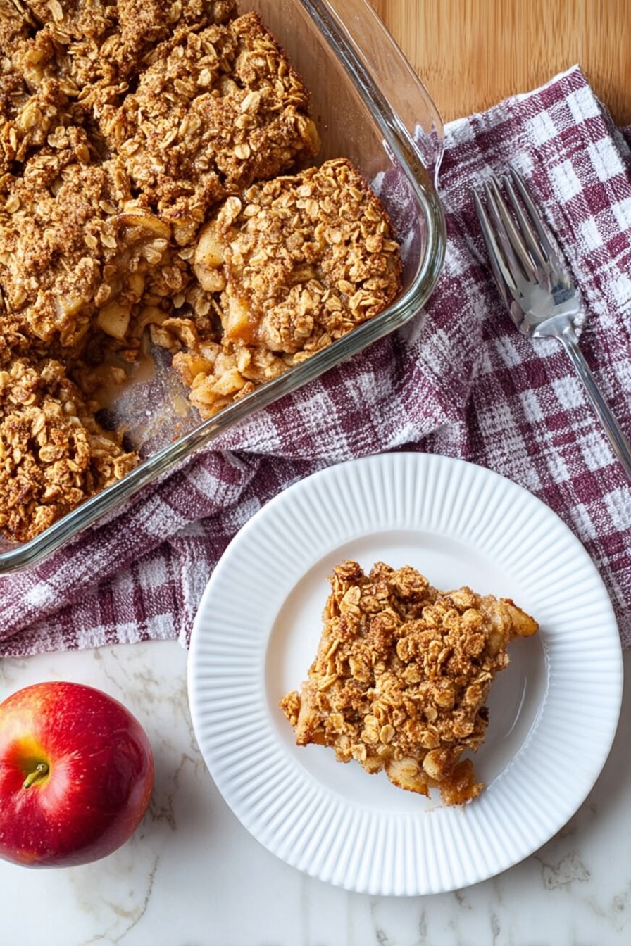 Apple Cinnamon Baked Oatmeal, cozy breakfast recipes, healthy breakfast ideas, quick oatmeal casserole, autumn breakfast favorites - A glass baking dish filled with a baked oat and apple square dessert, showing a textured, golden-brown crumbly oat topping with pieces of apple visible inside. One square is placed on a white plate with ridged edges to the right, showing the same oat and apple mix with a slightly rough top. A silver fork rests above the plate on a wooden table. A folded purple and white checkered cloth is placed between the plate and the glass dish. A red apple sits below the cloth near the bottom edge. The background surface is a white marbled texture. Photo taken with an iphone --ar 2:3 --v 7