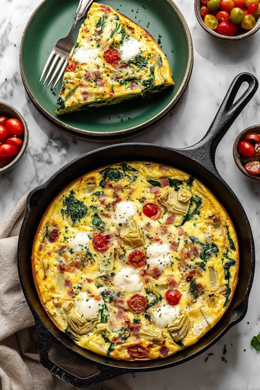 Vegetable Frittata with Cheese and Herbs, healthy vegetable frittata, easy brunch ideas, cheesy egg bake, quick vegetarian breakfast - A round frittata in a black cast iron skillet with a slice removed, showing 3 main layers: a yellow egg base with green spinach leaves mixed in, red cherry tomatoes scattered within, and white dollops of cheese on top, along with pieces of light brown artichoke hearts and pinkish prosciutto. The slice sits on a green plate, showing the same layers with visible fluffy texture and melted cheese. All set on a white marbled surface with a fork beside the skillet and some small bowls of cherry tomatoes and greens nearby. Photo taken with an iphone --ar 2:3 --v 7