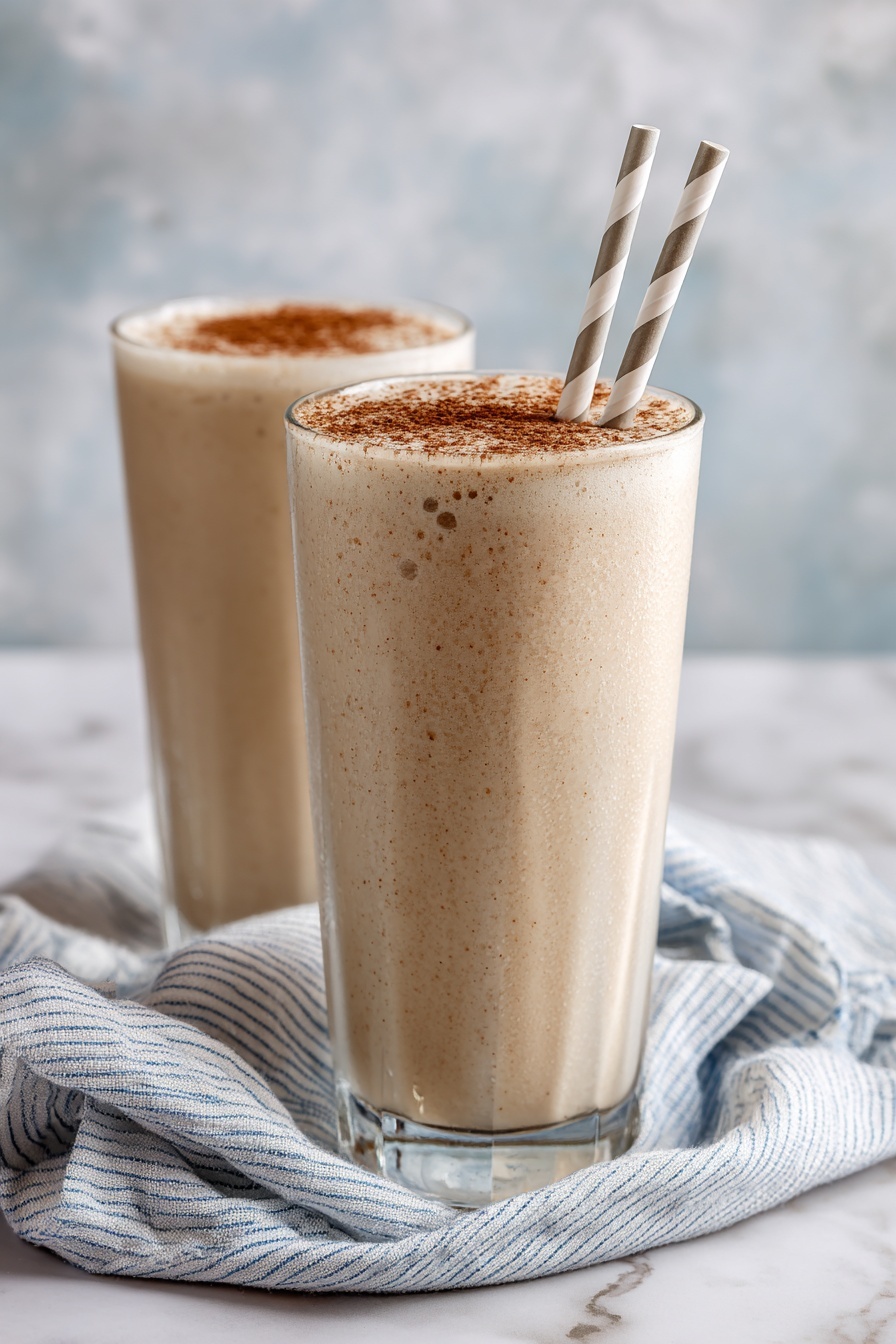 Vanilla Chai Protein Shake, vanilla chai protein shake, healthy protein shake, flavored protein smoothie, cozy chai protein drink - A tall clear glass filled with a beige creamy drink topped with a sprinkle of light brown powder. Two white and gray striped paper straws are placed vertically in the drink. The glass is set on a white marbled surface with a light blue cloth with white stripes loosely wrapped around the base. The background is soft and blurred with a mix of white and light blue colors. photo taken with an iphone --ar 2:3 --v 7
