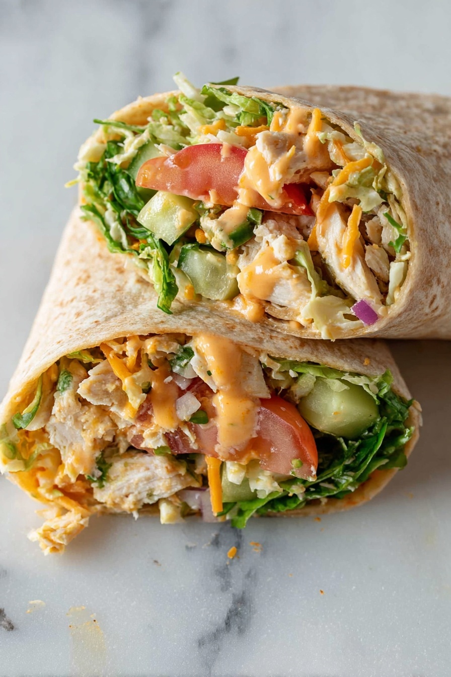 BBQ Chicken Wraps, grilled chicken wraps, healthy chicken wraps, easy lunch wraps, flavorful wrap recipes - A close-up shows two pieces of a wrap cut in half and stacked on a white marbled surface, with the top half resting on the bottom half. The wrap has a light brown, soft texture outside. Inside, three main layers are visible: the first layer is chunks of tender, white cooked chicken; the second layer contains bright green shredded lettuce and slices of tomato with a fresh red-orange hue; the third layer has small bits of purple onion, green cucumber strips, and a creamy orange dressing that holds the ingredients together. The wrap is filled generously and looks fresh and colorful. Photo taken with an iphone --ar 2:3 --v 7