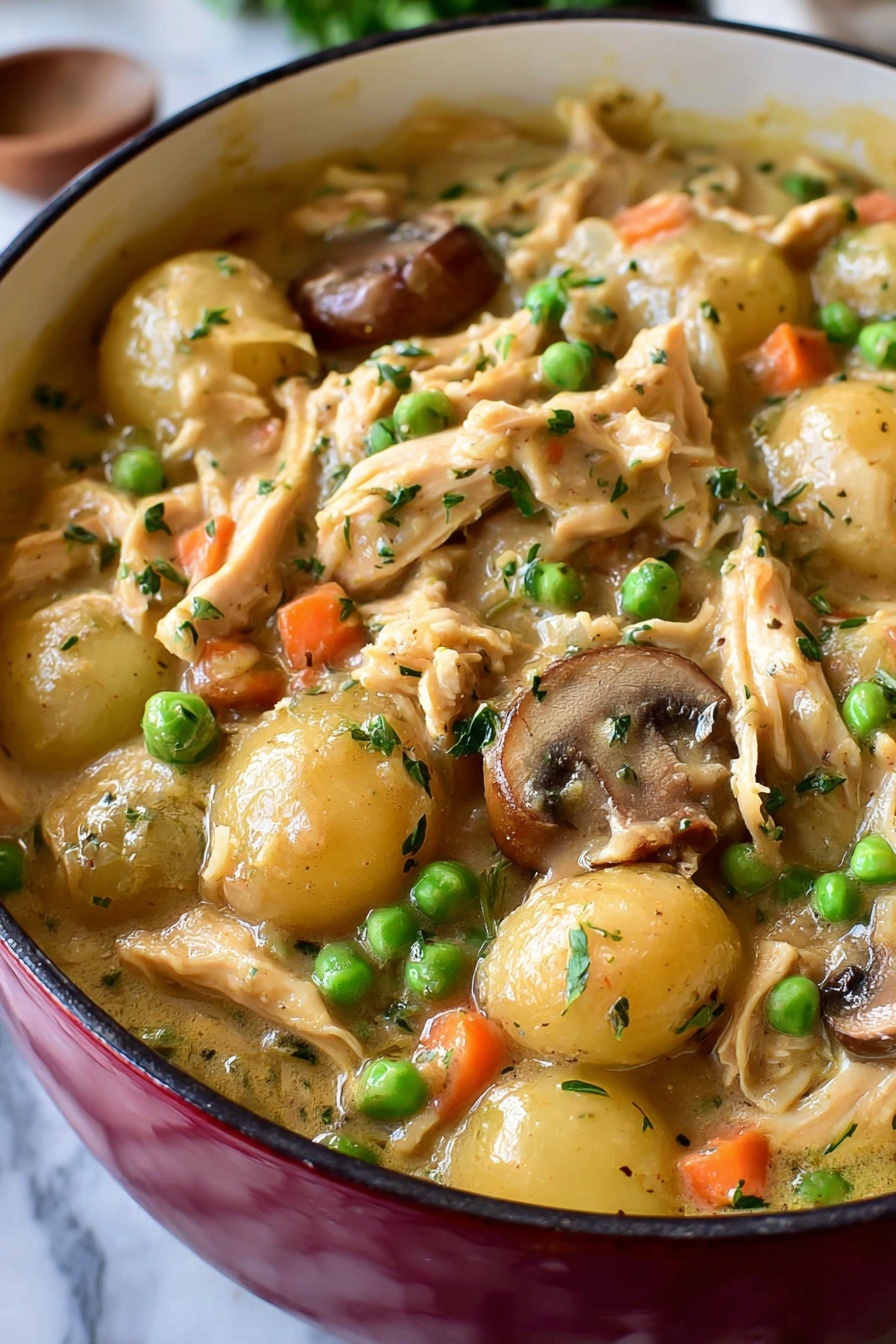 One-Pot Gnocchi Chicken Pot Pie, chicken gnocchi skillet, comforting weeknight dinner, easy chicken pie recipe, creamy chicken and gnocchi - The image shows a close-up of a red pot filled with thick chicken stew. The stew has multiple layers including shredded white chicken pieces, small round light yellow potatoes, sliced brown mushrooms, tiny orange carrot bits, and bright green peas. The stew sauce is creamy and light yellow, surrounding all the ingredients. The pot sits on a white marbled surface, and the stew looks rich and hearty. Photo taken with an iphone --ar 2:3 --v 7