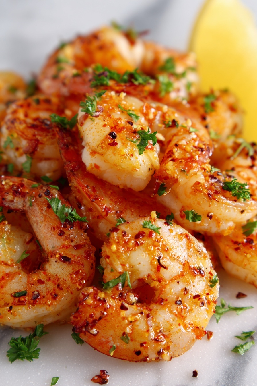 Air Fryer Old Bay Shrimp, Old Bay Shrimp, Air Fryer Shrimp Recipe, Easy Shrimp Recipes, Healthy Seafood Snacks - This close-up image shows a pile of cooked shrimp with a light orange-pink color and slightly charred edges, sprinkled with small bright green parsley pieces. The shrimp have a glossy texture, showing they are juicy and well-seasoned with small flakes of spices. In the top right corner, a yellow lemon wedge with a juicy inside is partly visible. The dish is on a white surface with a white marbled texture visible in the background. photo taken with an iphone --ar 2:3 --v 7