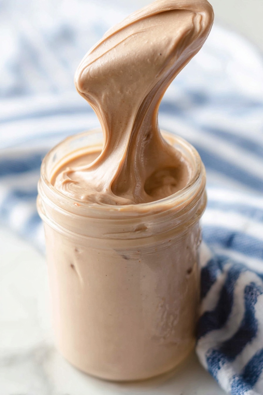 Whipped Hot Chocolate, easy hot chocolate recipes, fluffy hot chocolate drink, cozy winter beverages, quick chocolate dessert - A clear glass jar filled with thick, smooth light brown cream. A large dollop of the cream is being stretched upward, showing its soft, fluffy texture with visible folds and slight air bubbles. The jar sits on a white marbled surface with a cloth featuring blue stripes blurred in the background. The lighting is bright and soft, highlighting the creamy texture. photo taken with an iphone --ar 2:3 --v 7