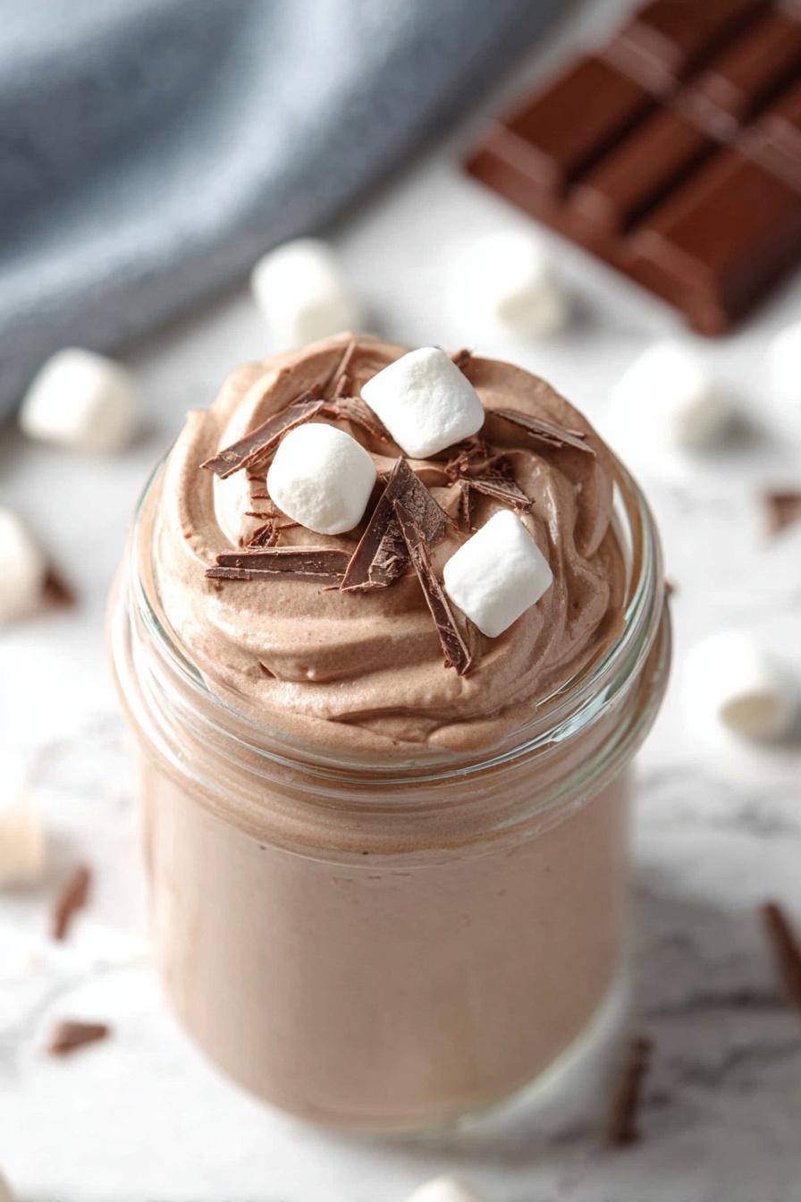Whipped Hot Chocolate, easy hot chocolate recipes, fluffy hot chocolate drink, cozy winter beverages, quick chocolate dessert - The image shows a close-up of a clear jar filled with a smooth, light brown creamy mixture, topped with a swirl of whipped texture. On top are three small white marshmallows and some small chocolate shavings scattered over the surface of the cream. The jar is placed on a white marbled surface with blurred background details, creating a soft and inviting look. photo taken with an iphone --ar 2:3 --v 7