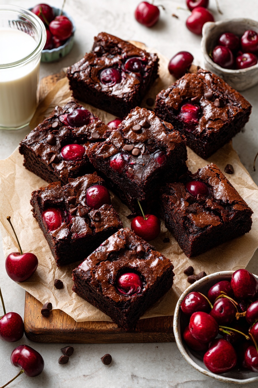 Chocolate Cherry Brownie, Chocolate Cherry Brownie Recipe, Fudgy Cherry Brownies, Easy Cherry Brownies, Best Chocolate Cherry Brownie - Nine square pieces of dark brown chocolate brownies are placed on light brown parchment paper over a wooden board on a white marbled surface. The brownies have a chewy texture with visible shiny red cherries and scattered small chocolate chips on top. Around the board, dark red cherries with stems are scattered, and a white bowl filled with cherries is visible in the lower right corner. A small glass of milk is in the upper left corner. The overall look is rich and inviting with deep red and brown tones standing out against the light background. photo taken with an iphone --ar 2:3 --v 7