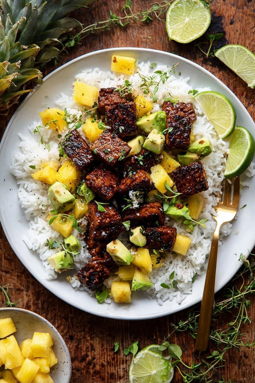 Quick Pineapple Chicken with Coconut Rice, tropical chicken dinner, easy pineapple chicken recipe, quick weeknight chicken, coconut rice recipes - This dish shows a white plate filled with a base layer of fluffy white rice. On top, there are several pieces of dark brown glazed grilled meat, appearing shiny and well-cooked with a slightly caramelized texture. Scattered around the meat are bright yellow chunks of pineapple and small cubes of green avocado, adding fresh color contrast. Small sprigs of green herbs with tiny white flowers sit on top, adding detail and freshness. The background is a white marbled surface. photo taken with an iphone --ar 2:3 --v 7
