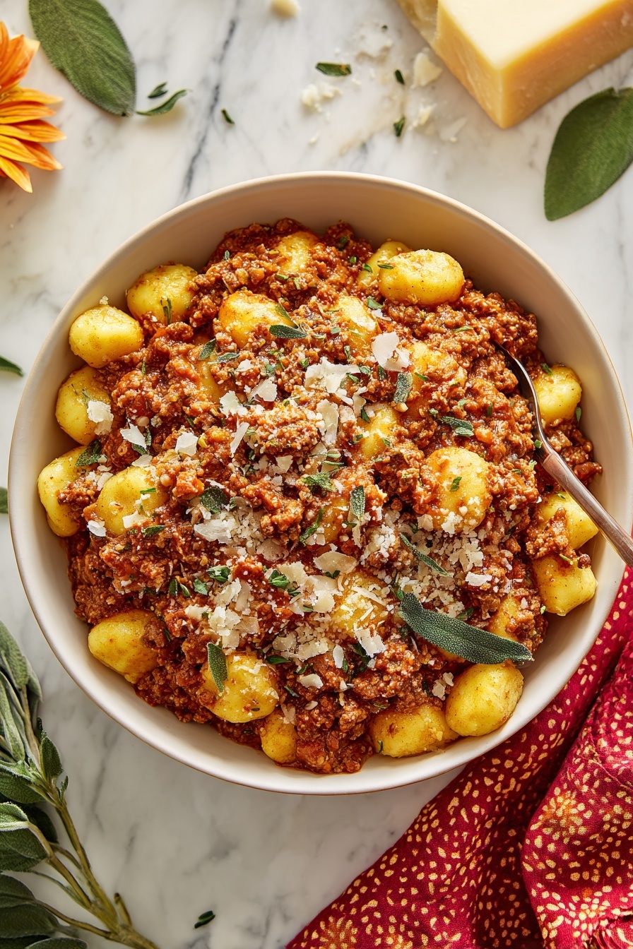 Gnocchi Bolognese, Italian gnocchi recipes, easy Bolognese sauce, comfort food dinner, hearty pasta dishes - A white bowl filled with a rich, chunky dish made of two layers: the base layer is soft, yellow gnocchi with a smooth texture, and the top layer is a thick, reddish-brown meat sauce with small bits of meat and tomato sauce mixed evenly, both layers covered with bits of grated white cheese and small green herb pieces scattered on top. The bowl is placed on a white marbled surface next to a red cloth with a pattern, a piece of pale yellow cheese block, and scattered green leaves. Photo taken with an iphone --ar 2:3 --v 7