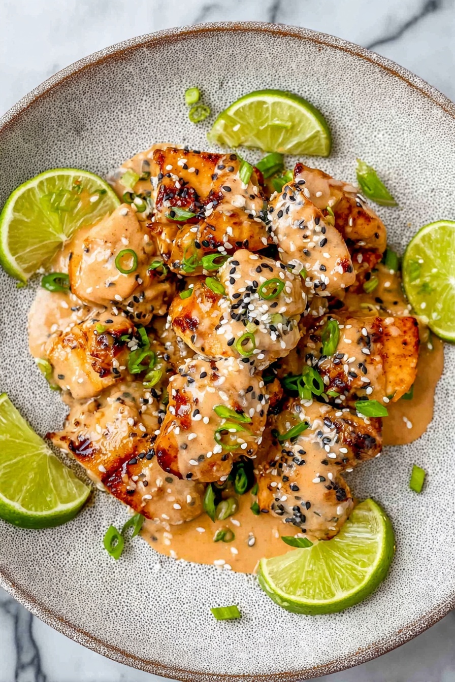 Bang Bang Salmon Bites Spicy Sauce, salmon appetizer recipes, spicy seafood snacks, quick salmon recipes, easy fish bites - A white bowl filled with a base layer of fluffy white rice, sprinkled with black and white sesame seeds and small red chili flakes. On top, there are several pieces of grilled chicken in golden-brown with a light shiny sauce covering them, garnished with chopped green onions. A fresh lime wedge is placed on the side of the bowl. The bowl is set on a white marbled surface. photo taken with an iphone --ar 2:3 --v 7